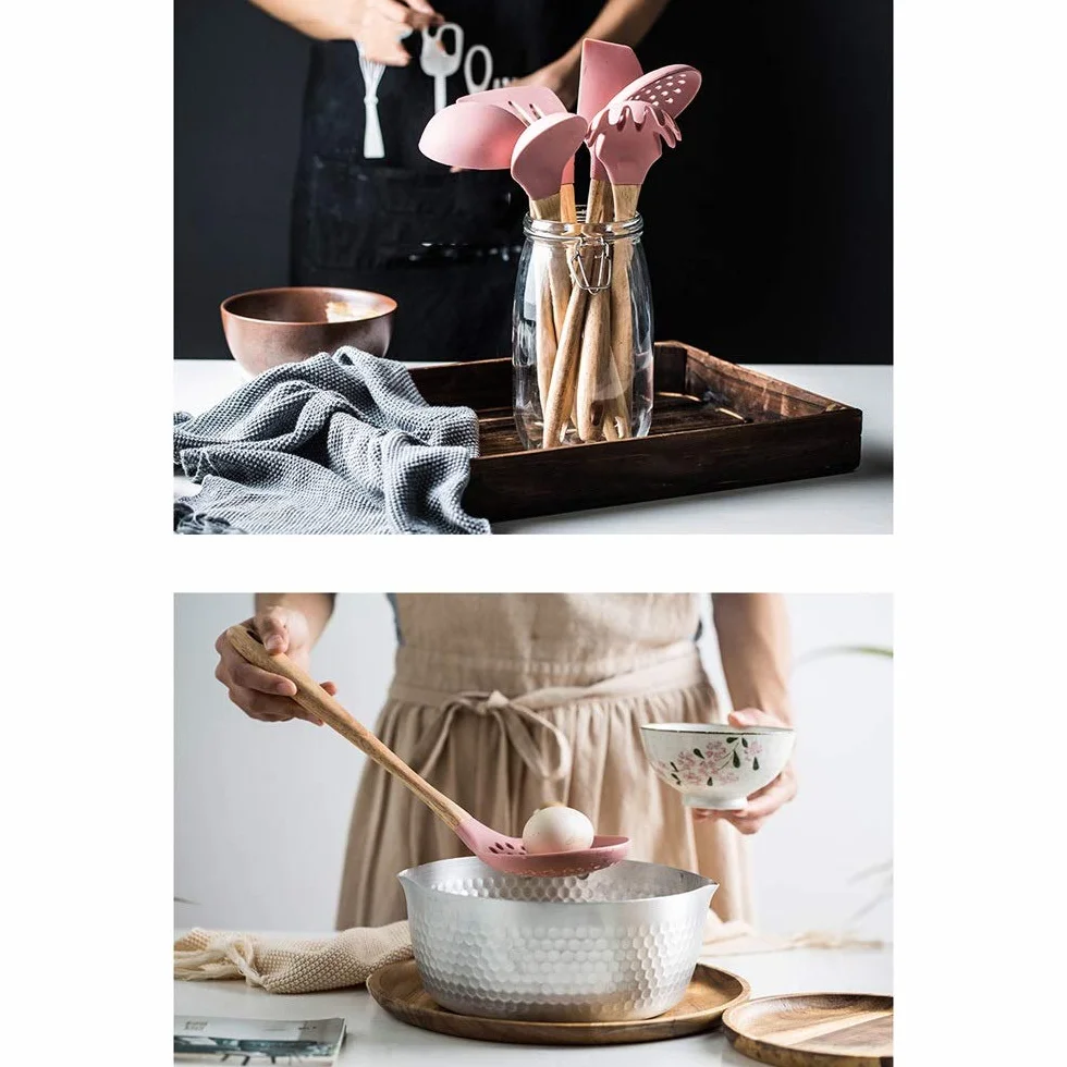 Silikonowy zestaw kuchenny Przybory kuchenne Zestaw przyborów Łopatka Łyżka do zupy z drewnianą rączką Specjalna konstrukcja odporna na ciepło
