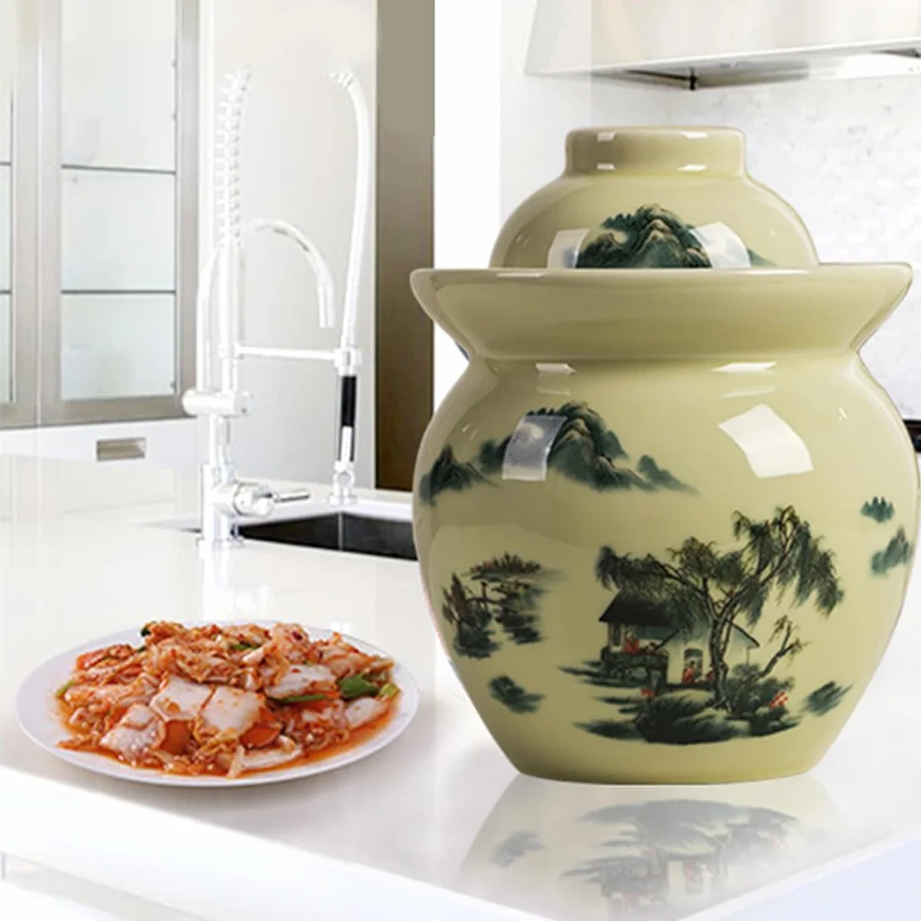 Słoik fermentacyjny – tradycyjny porcelanowy garnek do marynaty z uszczelką wodną pokrywka do marynat, kimchi, kapusty kiszonej - pojemność 3,5 kg