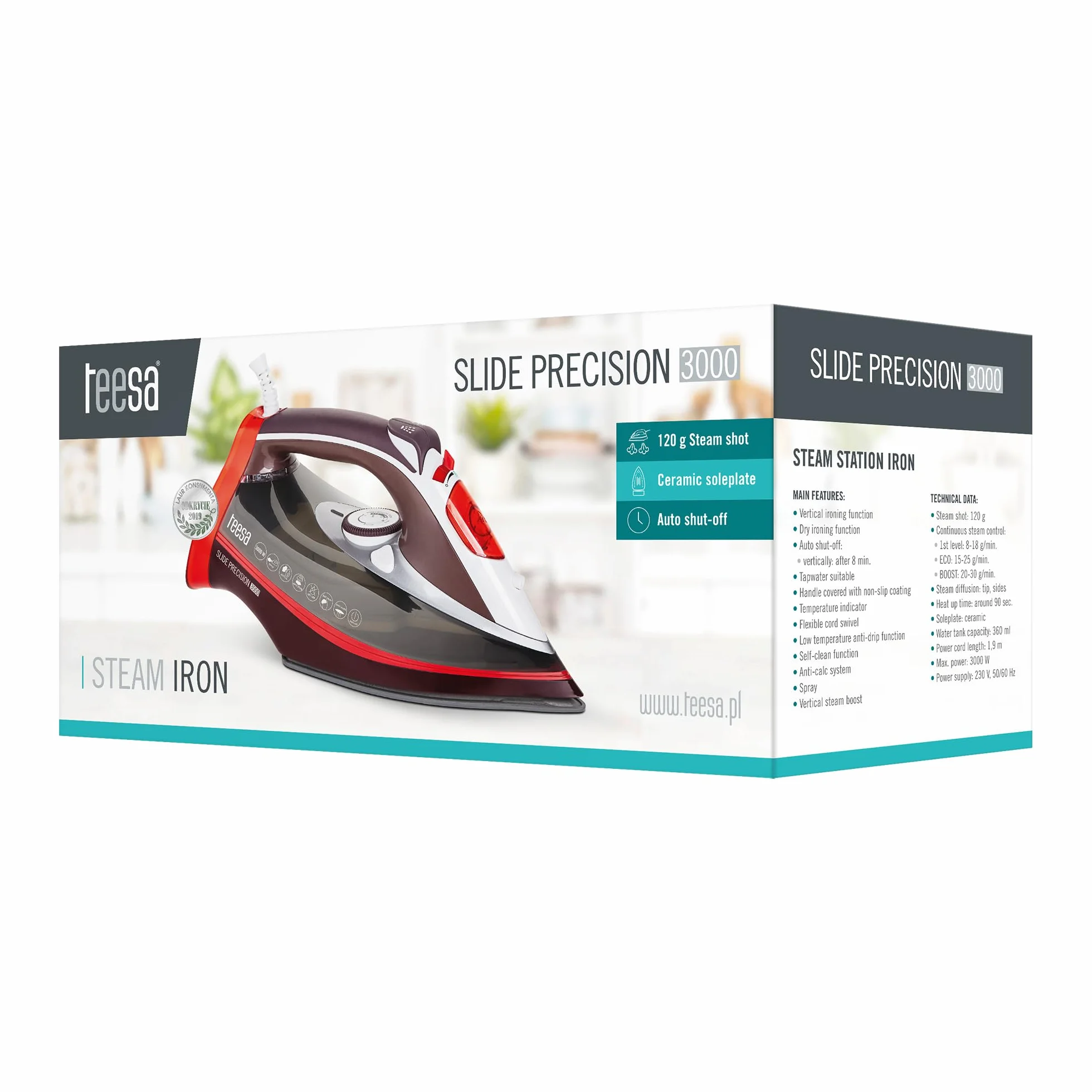 Teesa Żelazko Parowe Slide Precision 3000 W Prasowanie w Pionie i na Sucho Spryskiwacz Automatyczne Wyłączanie Czerwono-biało-szare TSA2011