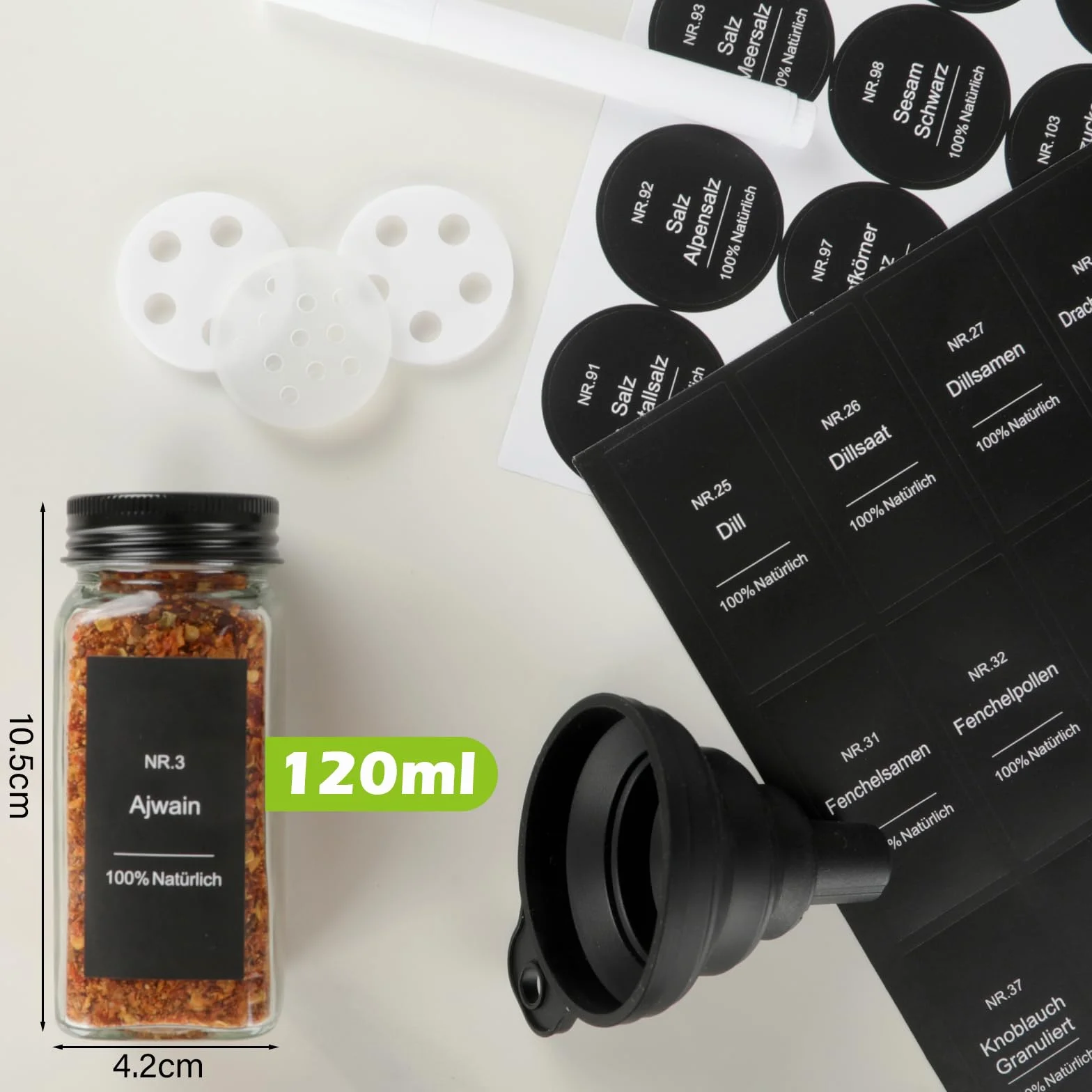 Withosent Zestaw 120 ml 24 kwadratowych pojemników na przyprawy z wkładem typu shaker - z niemiecką etykietą wodoodporną 324, hermetyczne pojemniki na przyprawy