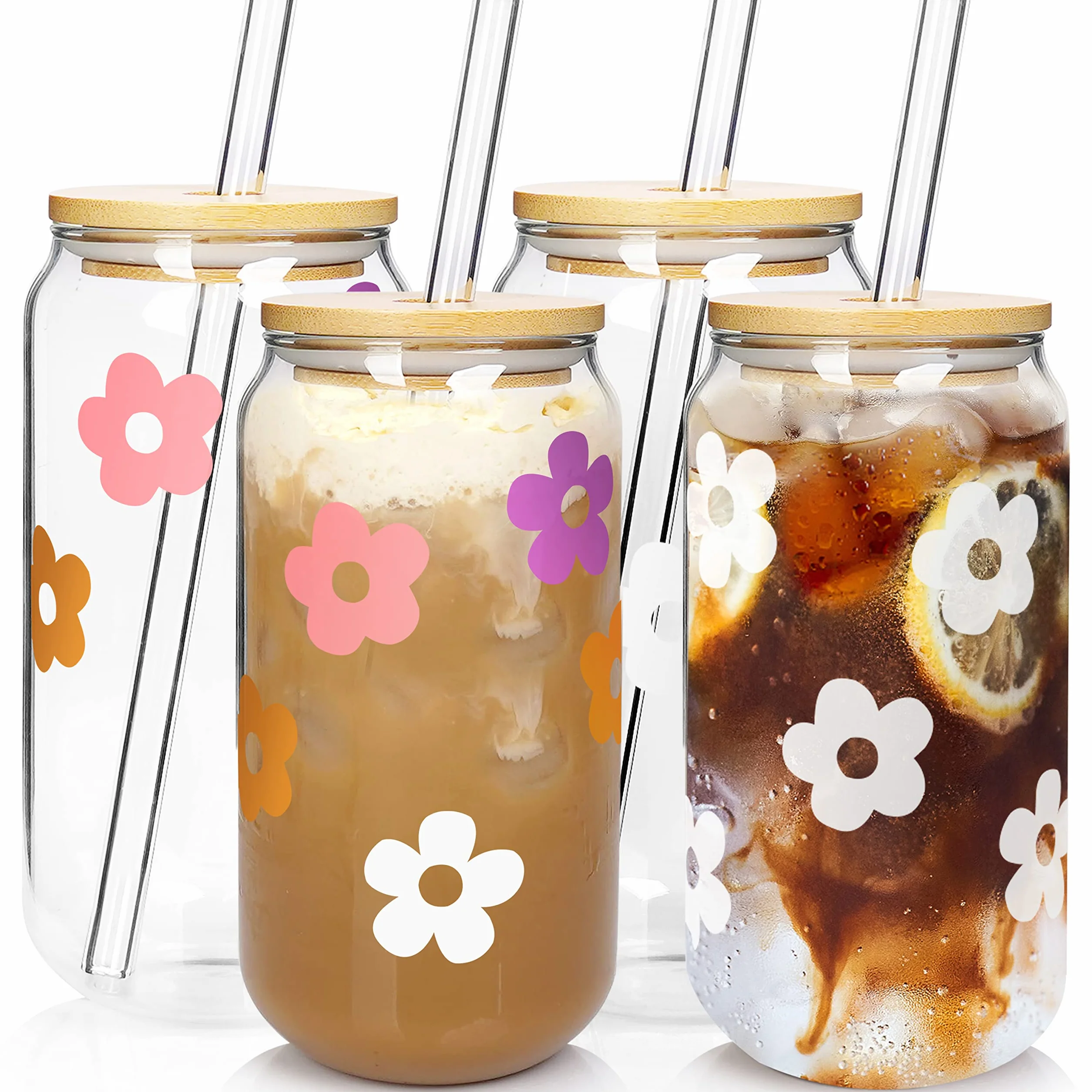 Mason Life Szklanki do piwa z pokrywkami i słomką, szklanki do picia, 590 ml, kubek do kawy mrożonej, szklanka do smoothie, kubek wielokrotnego użytku, zestaw 4 sztuk, biały