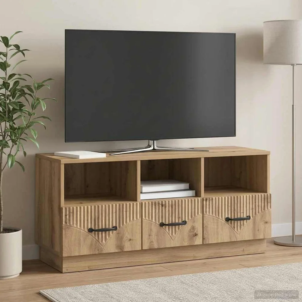 Hothingwell Szafka pod telewizor drewno inżynieryjne 102 x 34,5 x 47 cm dąb rzemieślniczy | Regulowane półki, schowki, zarządzanie kablami, do salonu lub sali multimedialnej