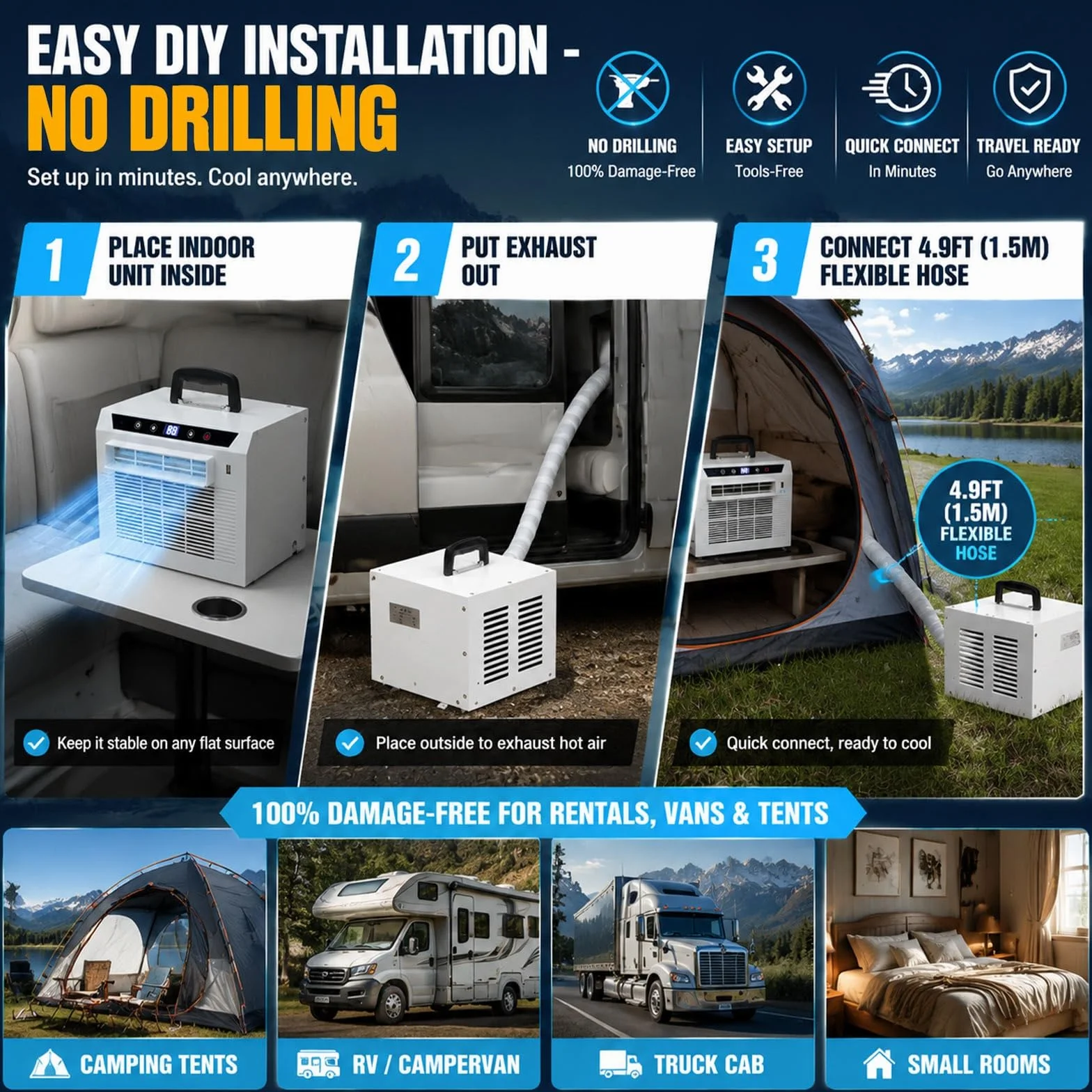 Mobilny Klimatyzator Split 3000 BTU, Chłodziciel Sypialnia Dom | Inteligentne Sterowanie Wzmocniony Uchwyt Ekran Dotykowy I Timer 1-12h Z Trybem Oszczędzania Soft-Light