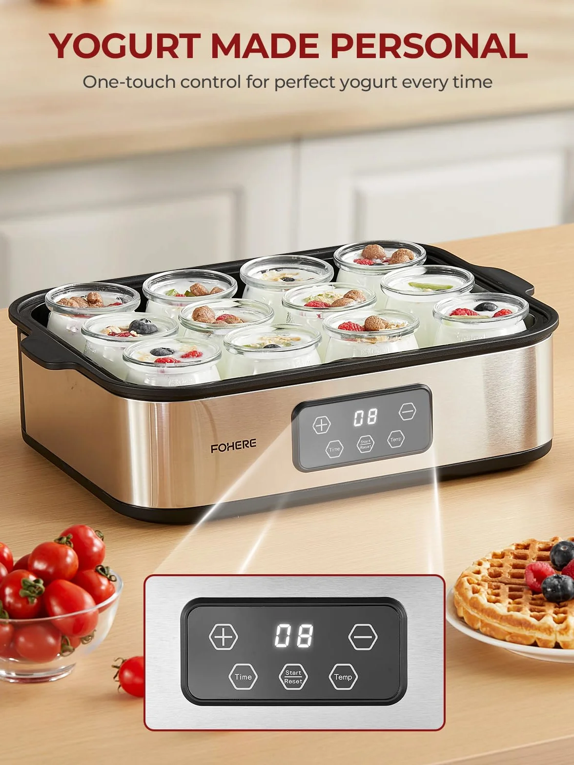 FOHERE Jogurtownica 25W Zawierająca 12 Szklanych Pojemników à 180 ml Na Aż 2,16L Domowego Jogurtu, Grecka Maszyna Do Jogurtu Z Temperaturą I Timerem, Wyświetlacz LCD, Automatyczne Wyłączanie