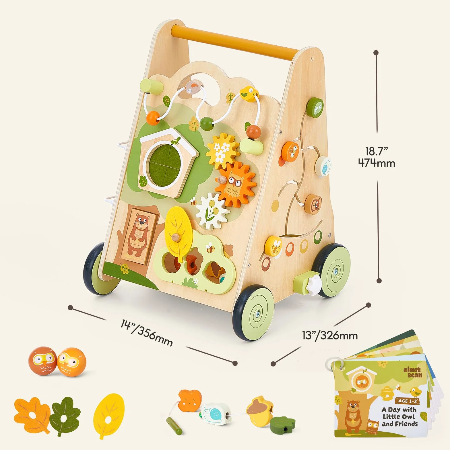 Drewniany chodzik dla dzieci Wooden Push Walker Wielokolorowy – Zabawka i pomoc w nauce chodzenia z centrum aktywności 8-w-1, regulowana prędkość i antypoślizgowe kółka dla dzieci od 1 roku życia
