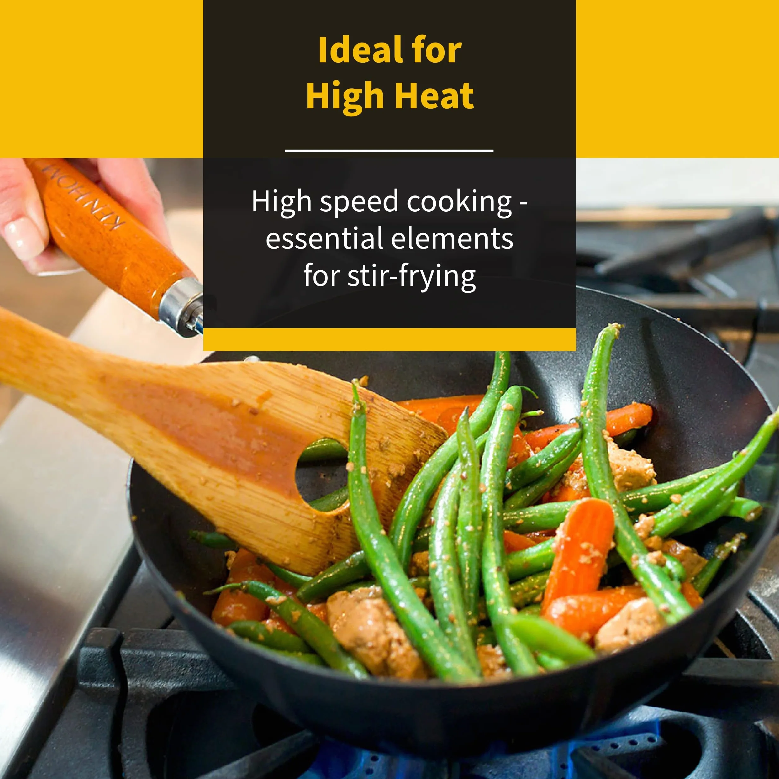 Ken Hom Classic Wok ze Stali Węglowej, Czarny/Drewniany, 20 cm