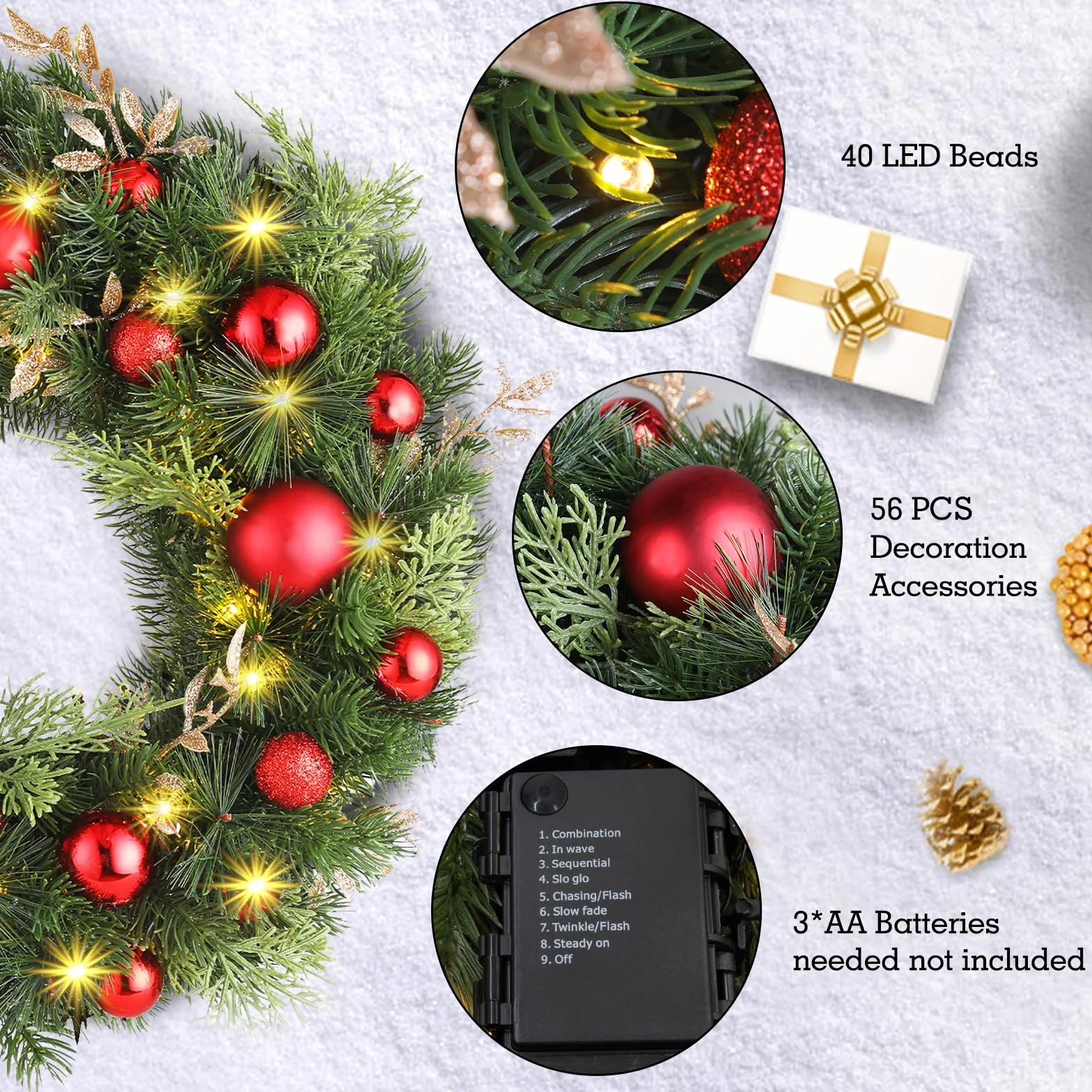 GlobaLink Wieniec bożonarodzeniowy, bateria, 40 cm, zimowe wieńce z 40 diodami LED, wieniec bożonarodzeniowy, sztuczne wieńce świąteczne z funkcją timera, do drzwi wejściowych, kominka, festiwalu,