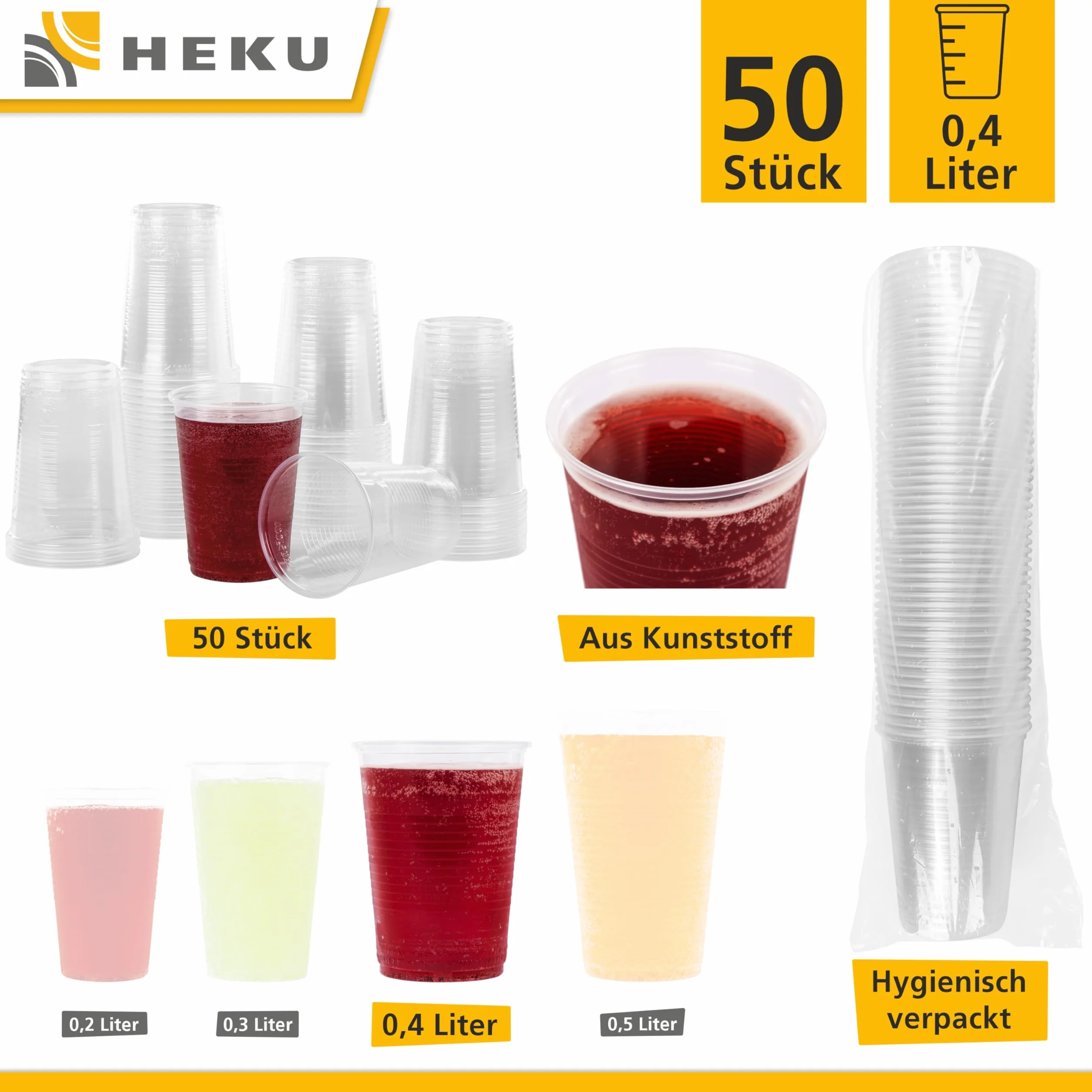Heku 30440 Kubeczki Jednorazowe, Tworzywo Sztuczne, Bezbarwny, 0,4 l, 50 szt