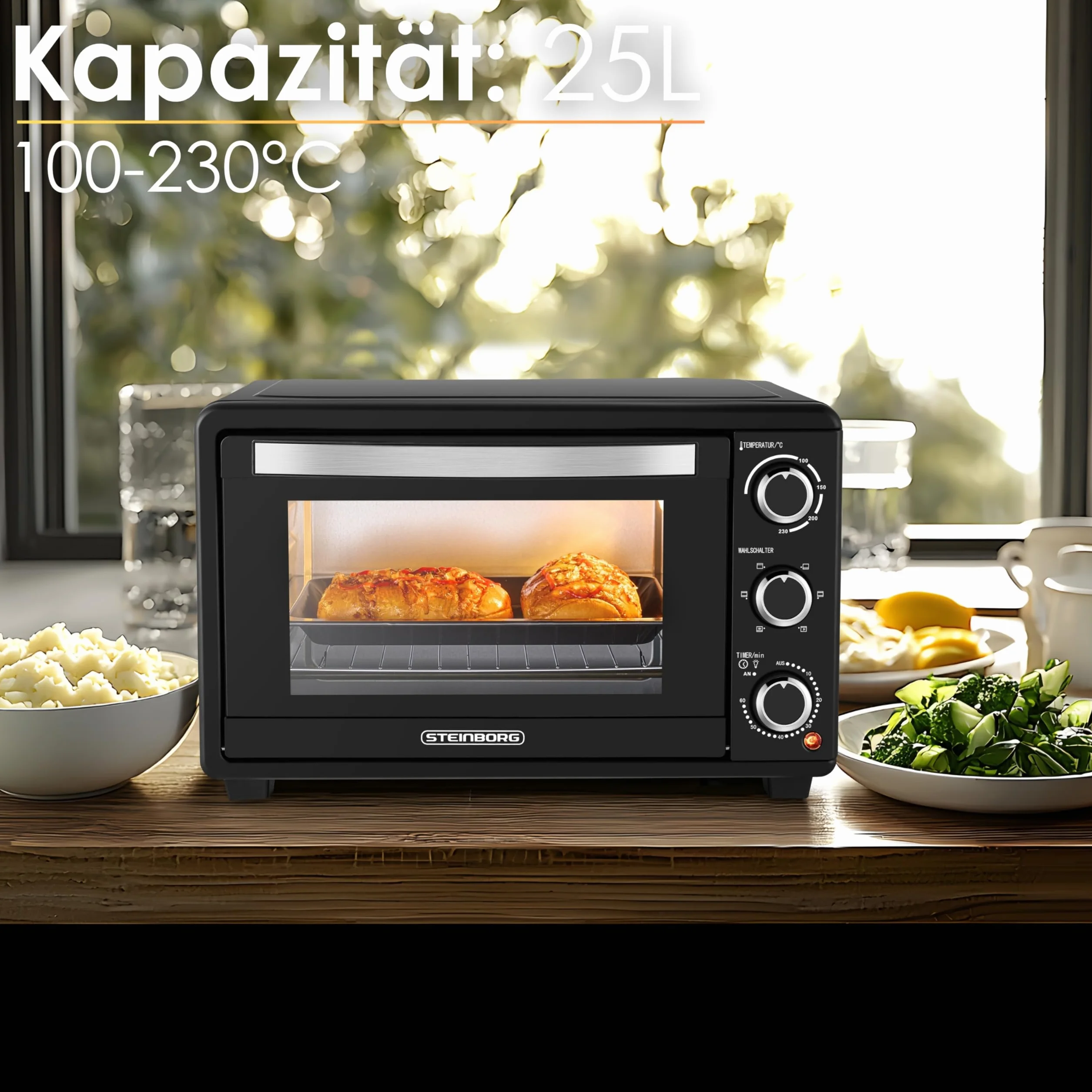 Steinborg Mini piekarnik z termoobiegiem, 25 litrów, elektryczny piec do pizzy, mini piekarnik 3 w 1, blacha na okruchy, ogrzewanie górne/dolne, energooszczędny 100-230°C, 60 min timer