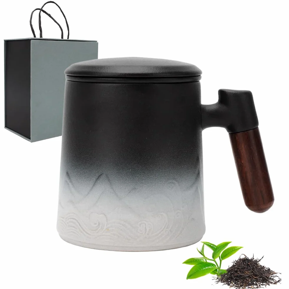 LOMUG Filiżanka do herbaty z pokrywką i sitkiem, 450 ml, duży kubek do herbaty z sitkiem, ceramiczny, do codziennego użytku i biura, prezent dla taty, dziadka, rodziny i przyjaciół, do namaczania