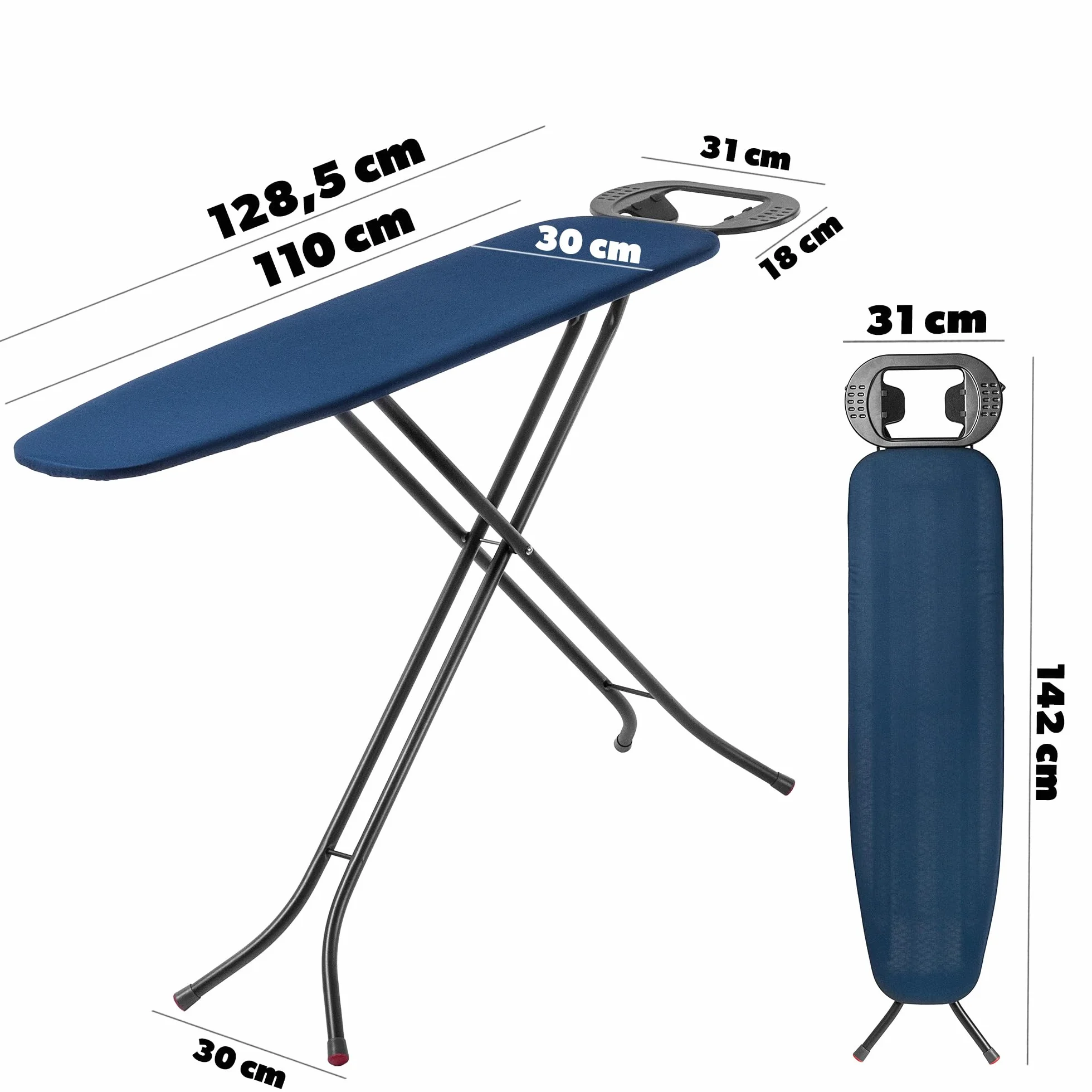 KADAX Deska do prasowania 110 x 30 cm do szafy lub schowka, składa się do przechowywania, ze stabilnymi, antypoślizgowymi nóżkami i regulacją wysokości.