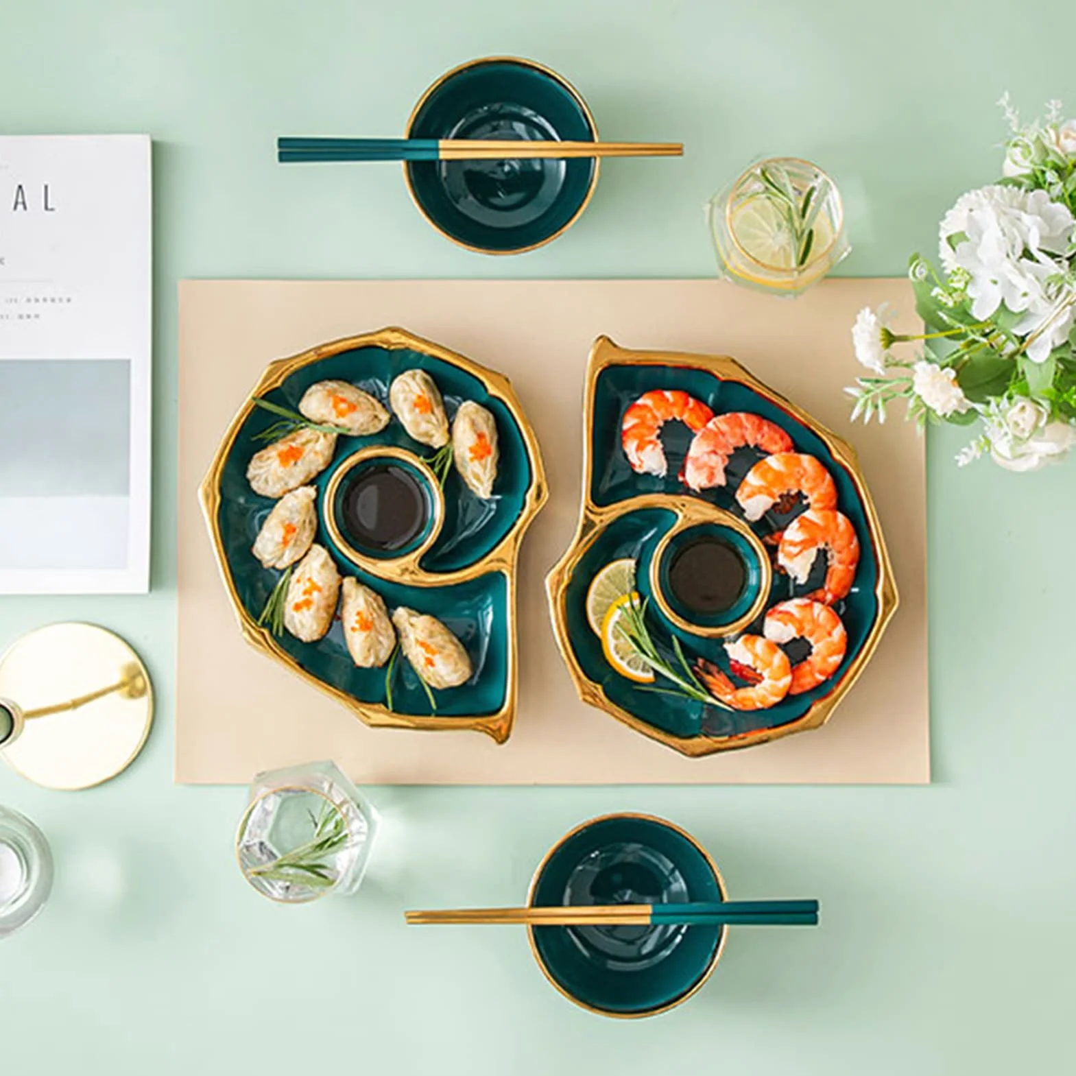 Zestaw talerzy do sushi, ceramiczne naczynia do sushi, tace do sushi i sashimi w kształcie muszli, naczynia na pierożki, talerze do serwowania przekąsek, na które mo,