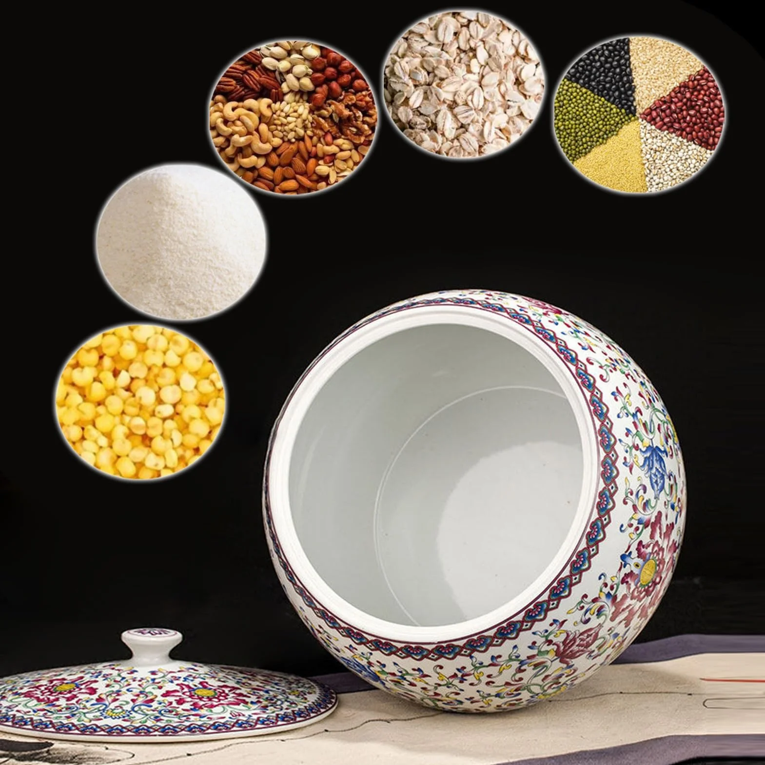 Ceramiczne wiadro na ryż z pokrywką, hermetyczny pojemnik do przechowywania żywności, na ryż, soję, mąkę kukurydzianą, płatki owsiane, pojemnik na blat