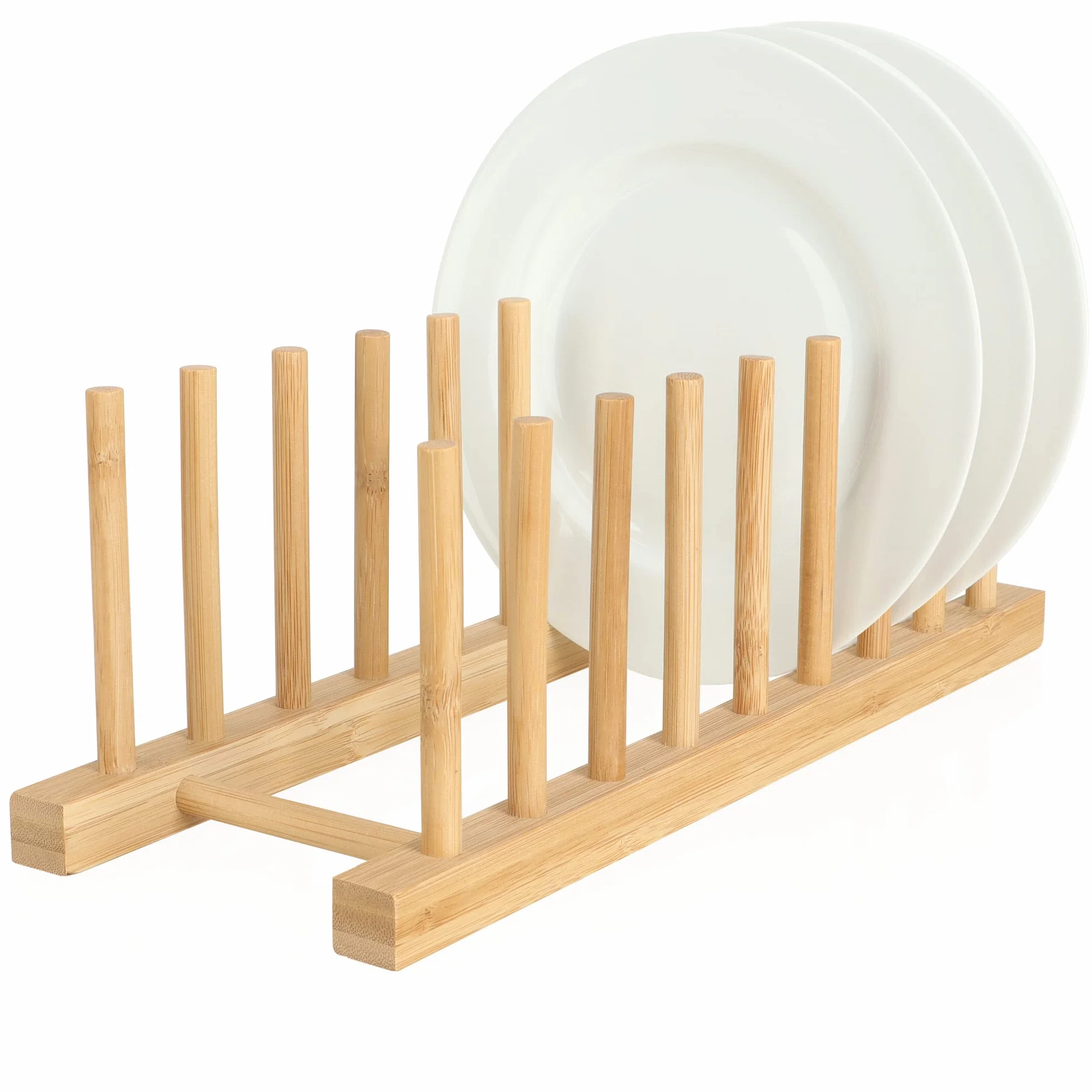 COM-FOUR® Bambusowy Stojak na Naczynia - Nowoczesny Organizer do Kuchni - Solidny Uchwyt na Talerze i Pokrywy (1 Sztuka - 34x12,5x12cm Brąz)