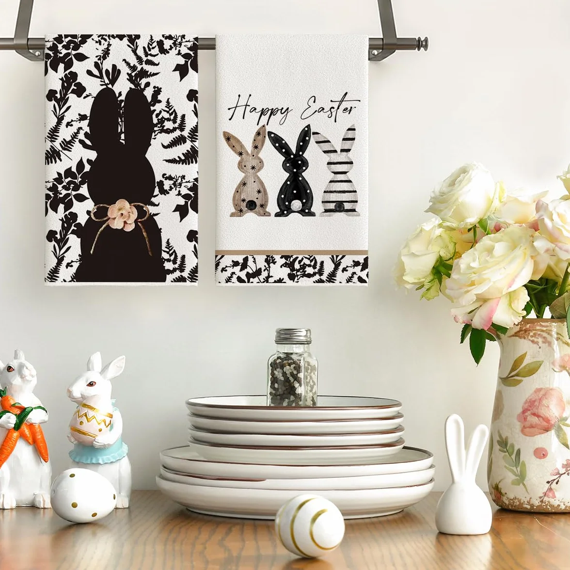 Artoid Mode Czarne króliki kwiaty liście Happy Easter kuchenne ręczniki do naczyń, 42 x 65 cm wiosna poliester dekoracja ręczniki do herbaty zestaw 2 szt