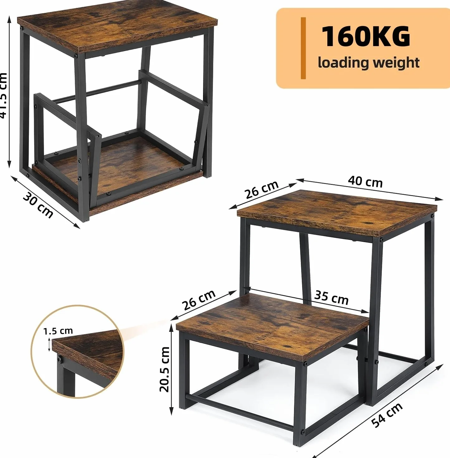 LIANTRAL 2-stopniowy stołek dla dorosłych i dzieci, stabilna metalowa rama, drewniana deska, taboret pomocniczy, nośność do 160 kg, podnóżek, konstrukcja 2 w 1, niepylący taboret do schodka, brązowy