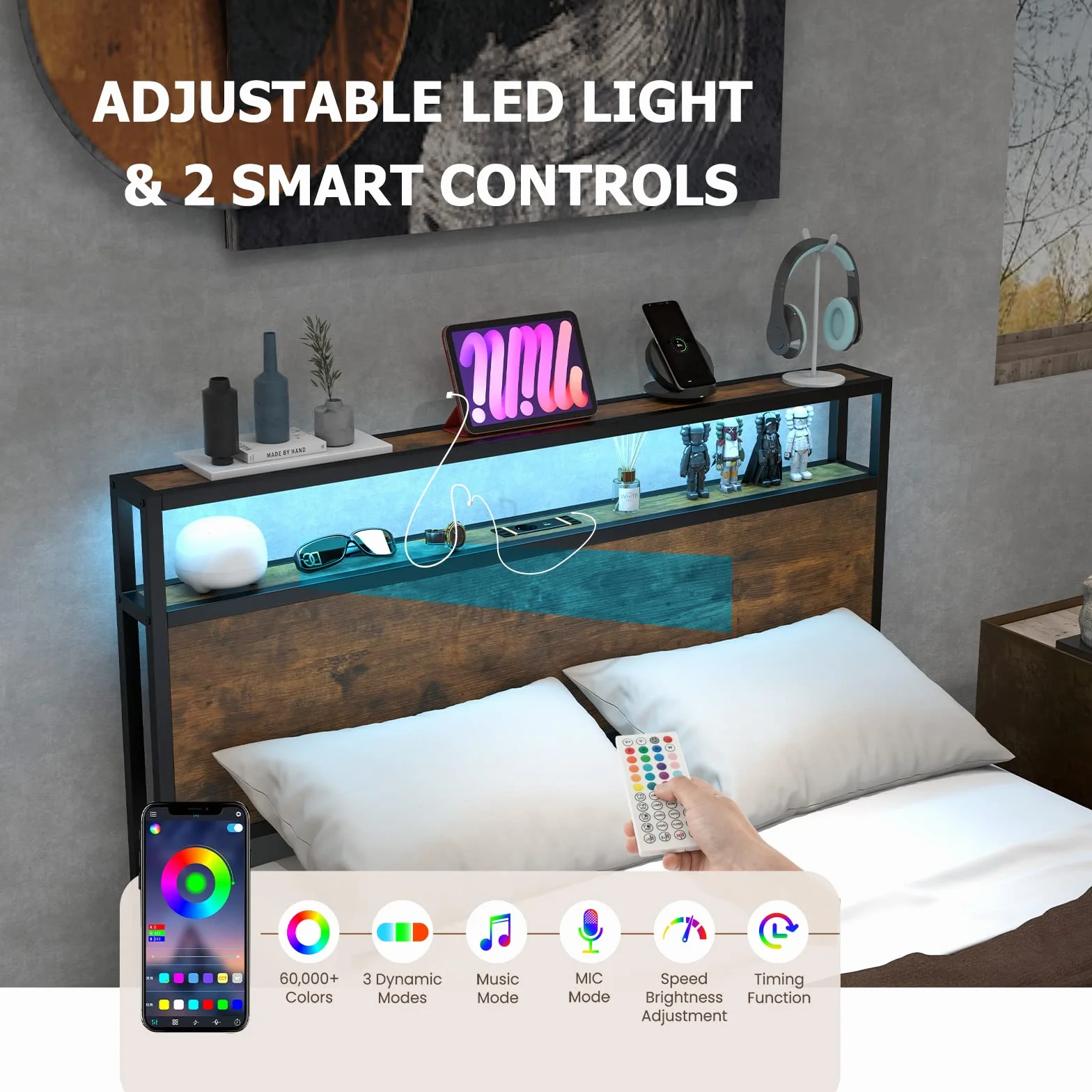 LIFEZEAL Łóżko metalowe z oświetleniem LED, ramka łóżka z Bluetooth i ładowaniem USB, podwójne łóżko z zagłówkiem, tryb muzyczny, szafa na łóżko z pilotem (Rustikalny brąz, 200 x 140 cm)
