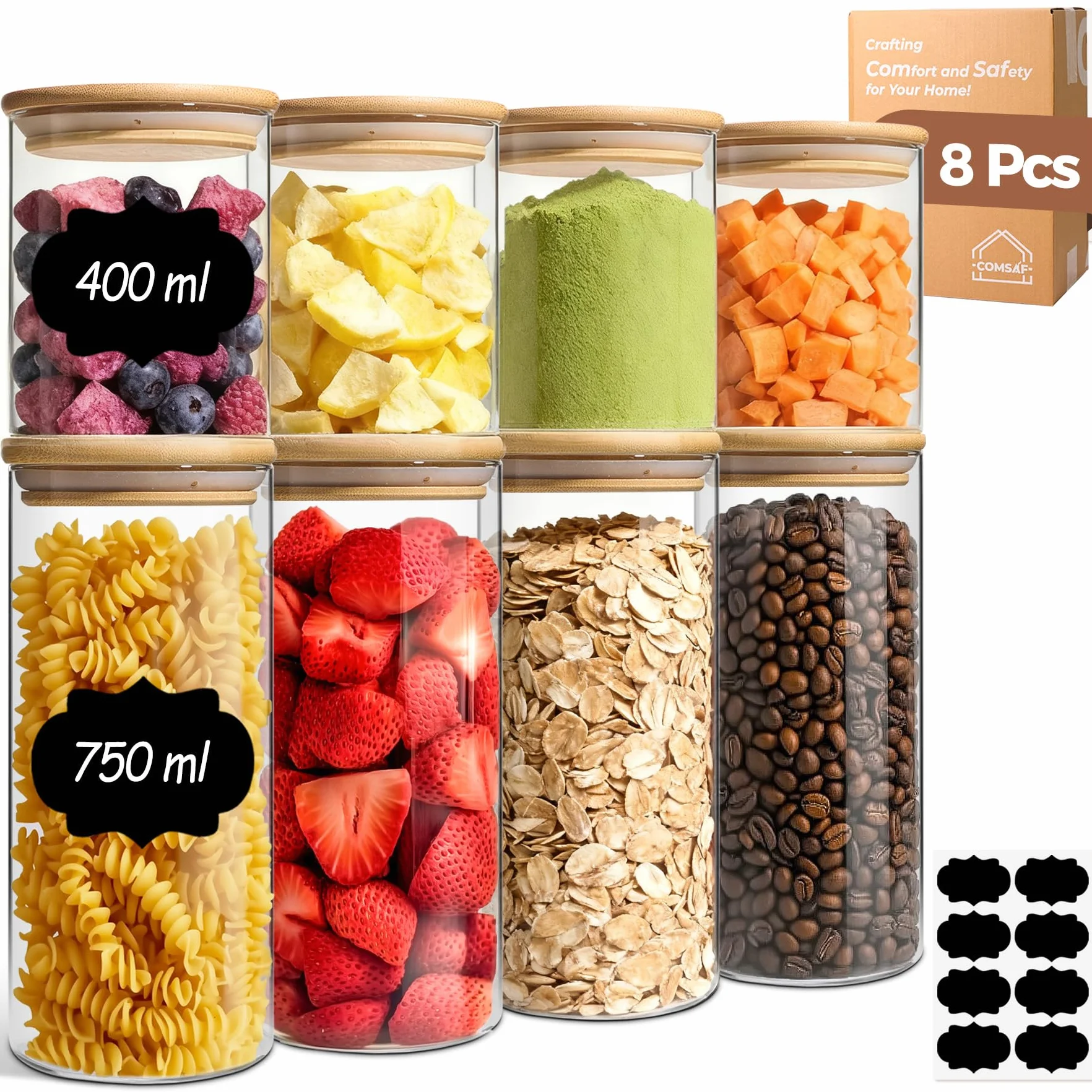 Comsaf Słoiki do Przechowywania, Szklane Słoiki z Bambusowymi Pokrywkami, 400-750 ml, Zestaw 8 Sztukik, Odpowiedni do Ściereczka Kuchenna, Mieszanka Orzechów, Mini Herbatniki