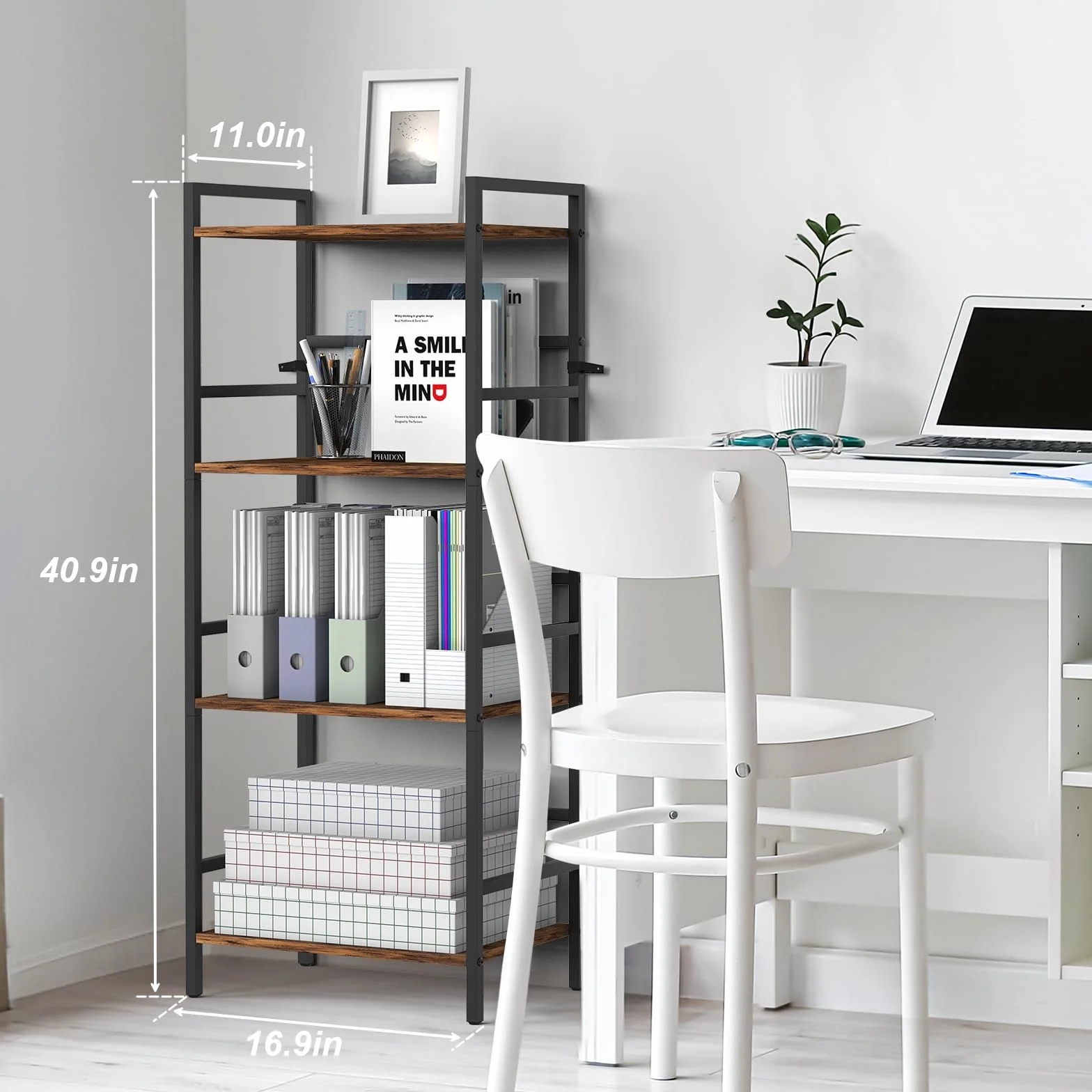 CADUKE 4-poziomowa półka na książki z miejscem do przechowywania Industrial Open Etagere Bookcase Wood Metal Book Shelf Stand Brown Regały na książki do salonu, sypialni, biura
