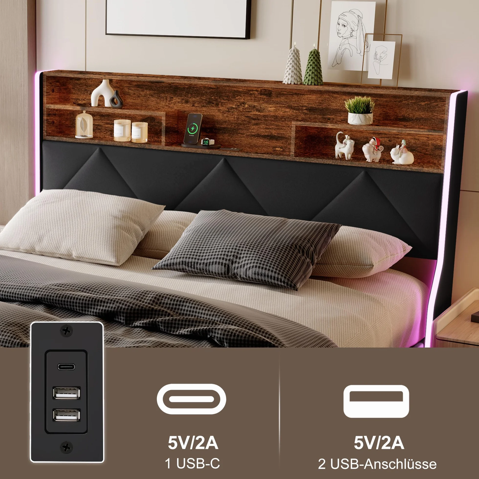 CDQL Łóżko tapicerowane 160 x 200 cm z miejscem do przechowywania, podwójne łóżko z zagłówkiem LED i przyłączem USB, zagłówek z miejscem do przechowywania, łóżko funkcyjne, nadaje się do sypialni i