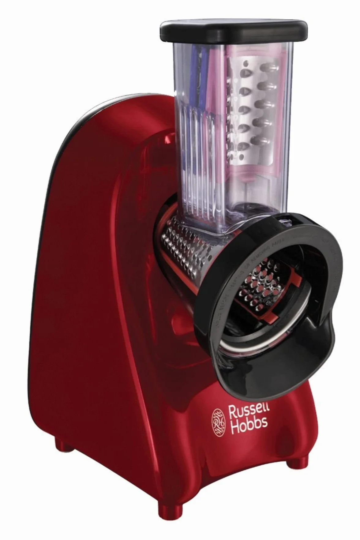 Russell Hobbs szatkownica, szatkowanie warzyw i owoców, tarcze ze stali nierdzewnej, ścieranie drobne, ścieranie grube, krojenie,wbudowany schowek na akcesoria, moc 200W, bordowy, Desire 22280-56