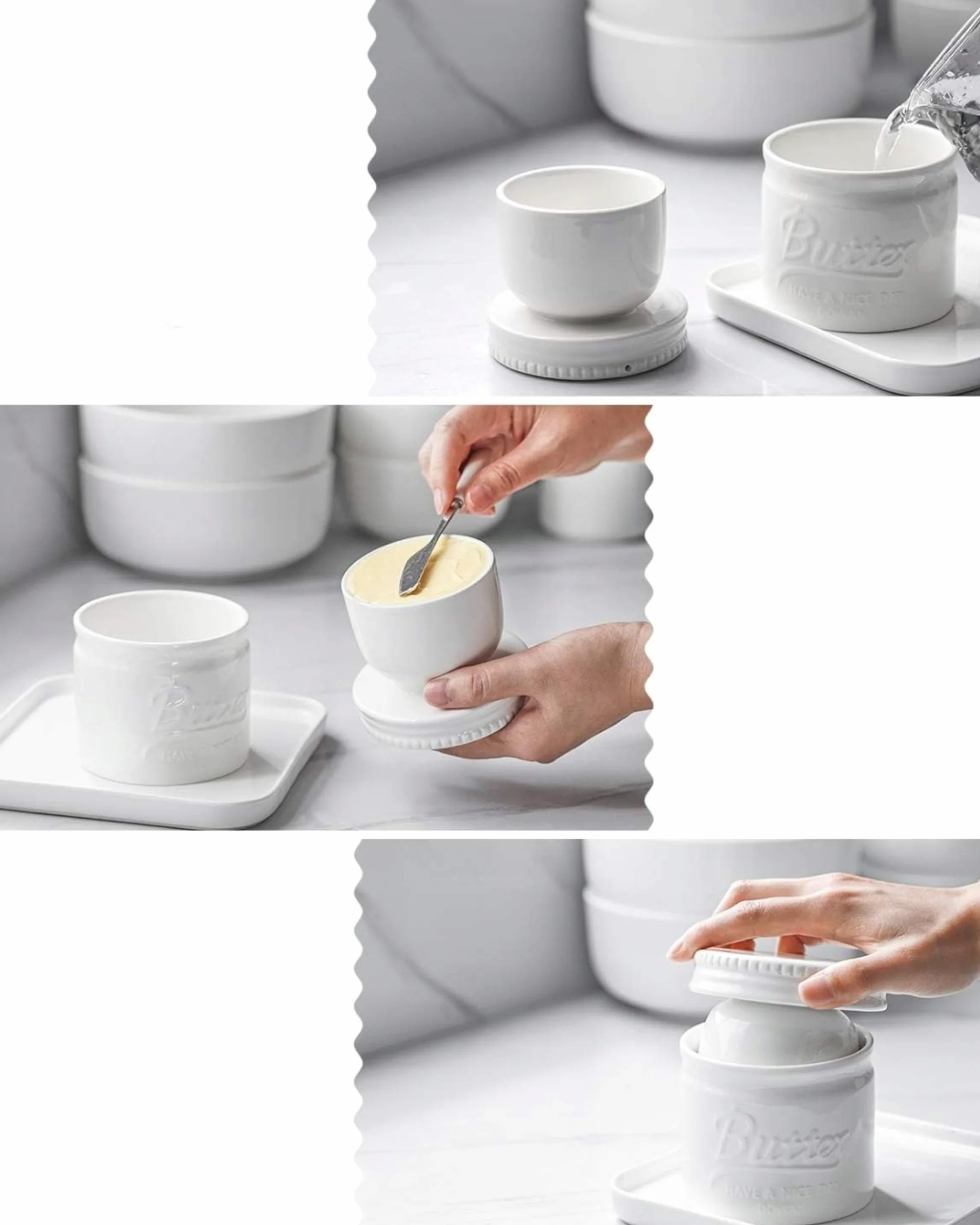 Francuska maselniczka wodna ceramiczna 200 ml z pokrywką – świeże i miękkie masło bez lodówki, elegancki biały pojemnik na masło