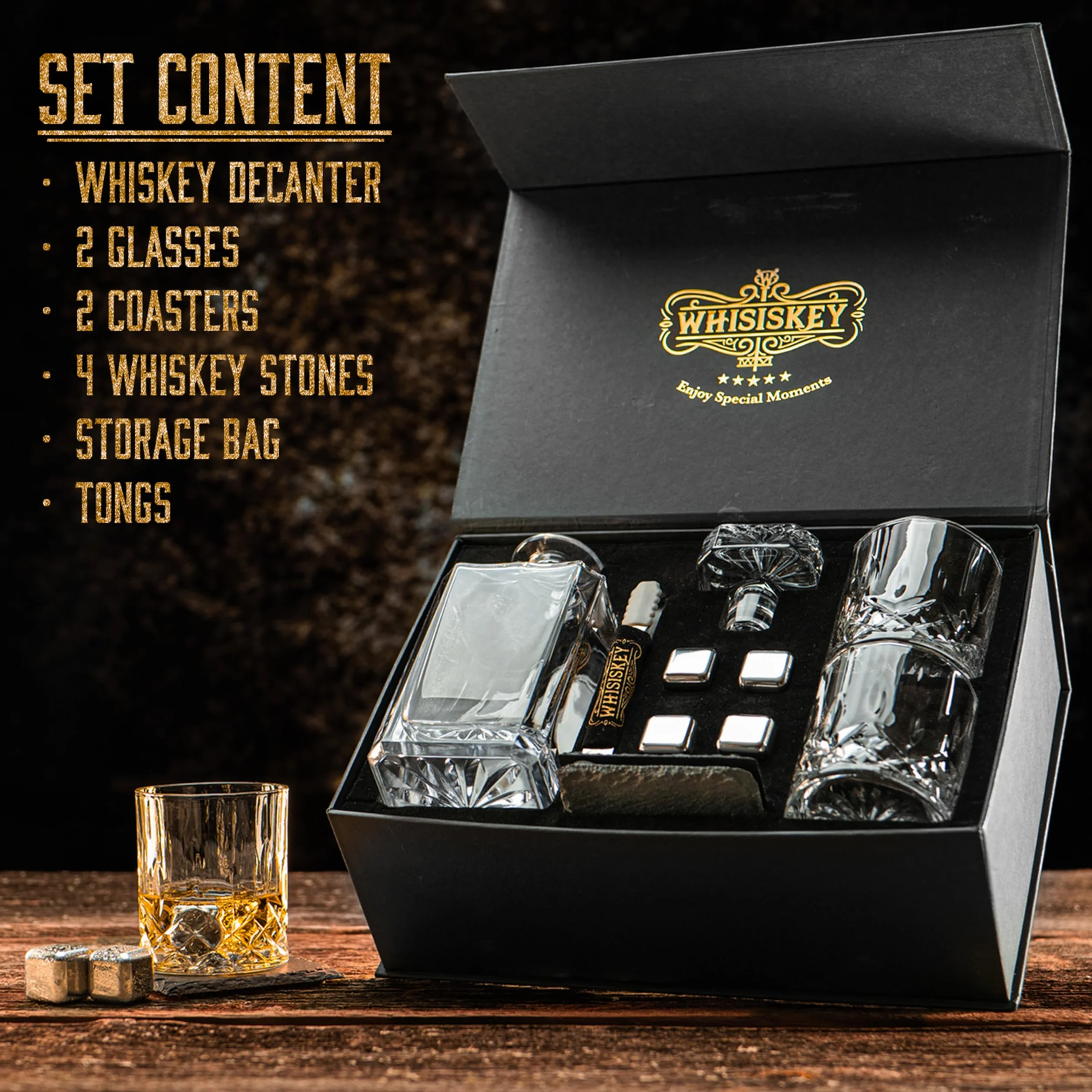 WHISISKEY Zestaw Karafka do Whisky - Zestaw Prezentowy Whiskey - Prezenty dla Mężczyzn - Pomysły na Prezent dla Mężczyzny - Klasyczna Karafka 700ML, 2 Szklanki do Whisky, 4 Kamienie do Whisky