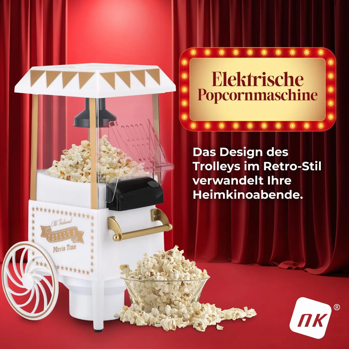 NK Retro popcorn elektryczny maszyna do popcornu 1200 W, łatwy w użyciu przycisk, gotowy do przygotowania w 2 minuty, gorące powietrze, rozmiar 0,3 l, przenośny, idealny do domu (biały)