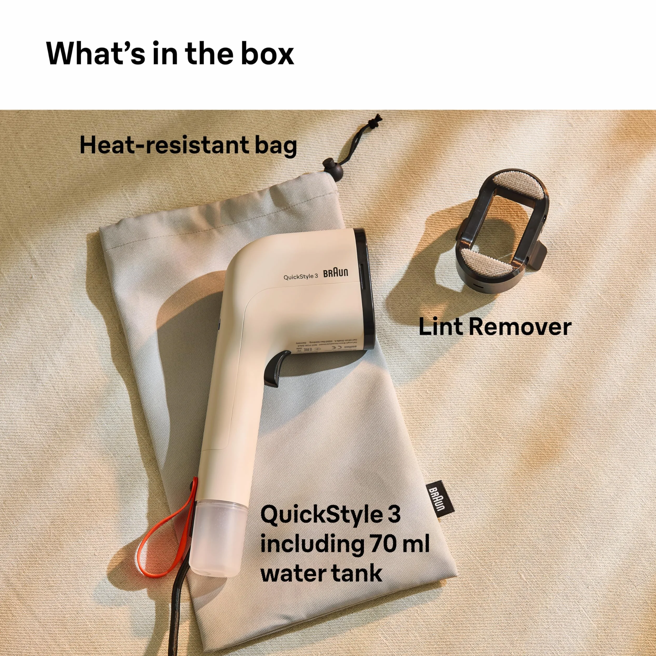 Braun QuickStyle 3 GS3012BG, kompaktowe i lekkie pionowe żelazko, szybkie nagrzewanie parownica, 20 g/min, wyjmowany zbiornik 70 ml, obudowa termoistniejąca, 1100 W, beżowy
