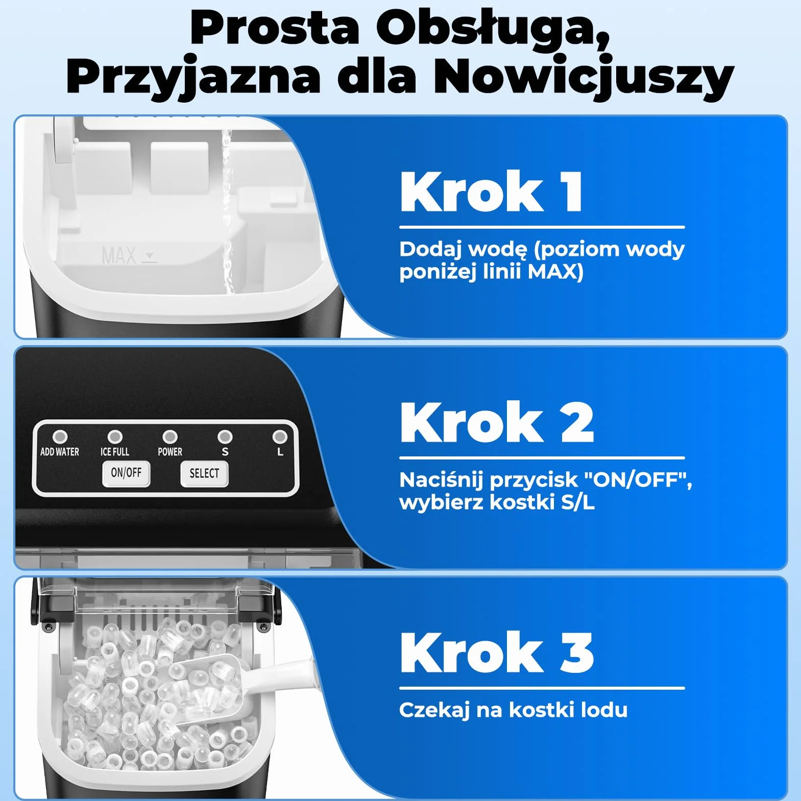 Maszyna do Lodu 12KG/24H Samoczyszczenie Zbiornik 1.2L 2 Rozmiary Kostek Lodu Czarny