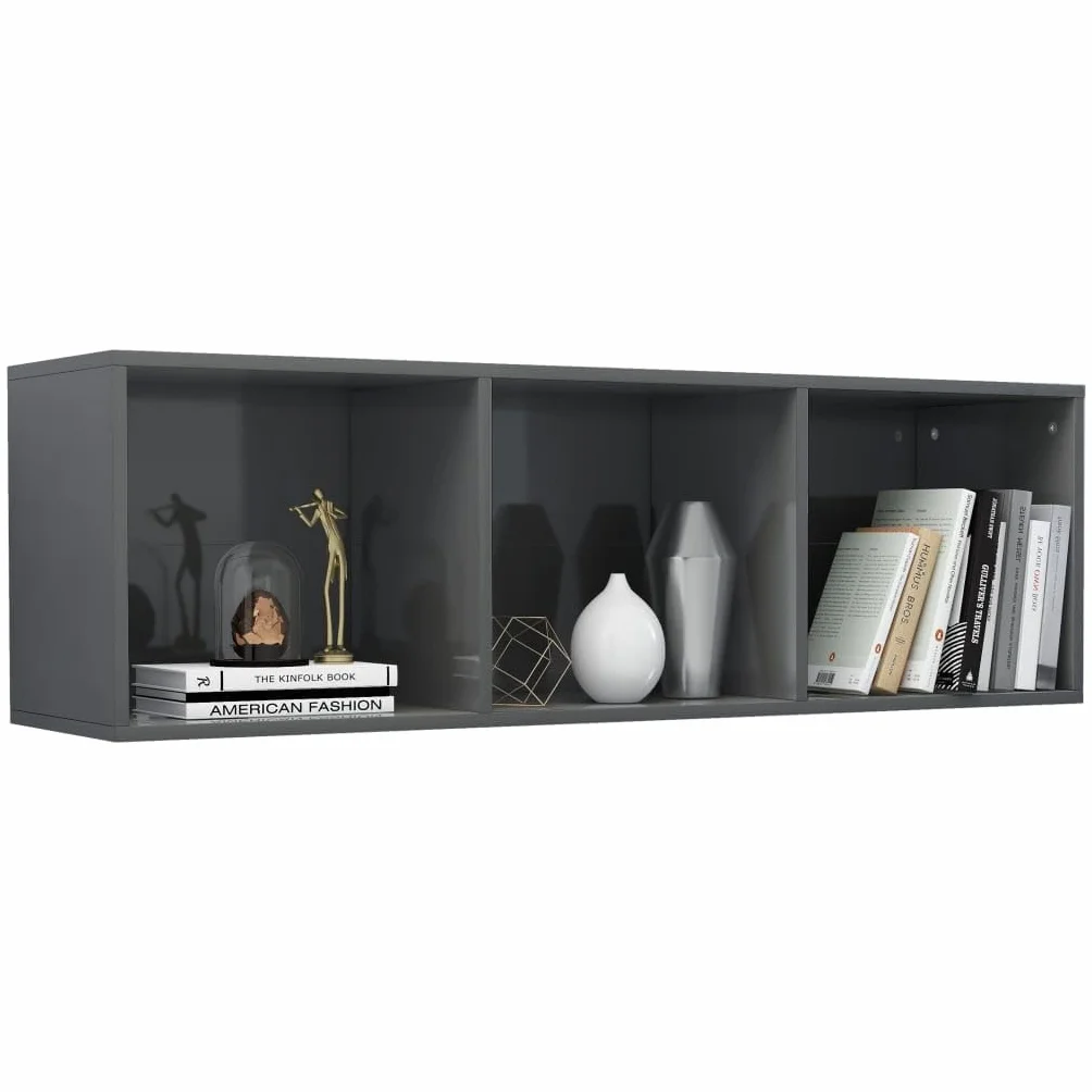 Regał na książki, szafka pod telewizor, wysoki połysk, szary, 36 x 30 x 114 cm, materiał drewnopochodny, 3 przegródki, uniwersalny organizer Cube do salonu, biura i sypialni