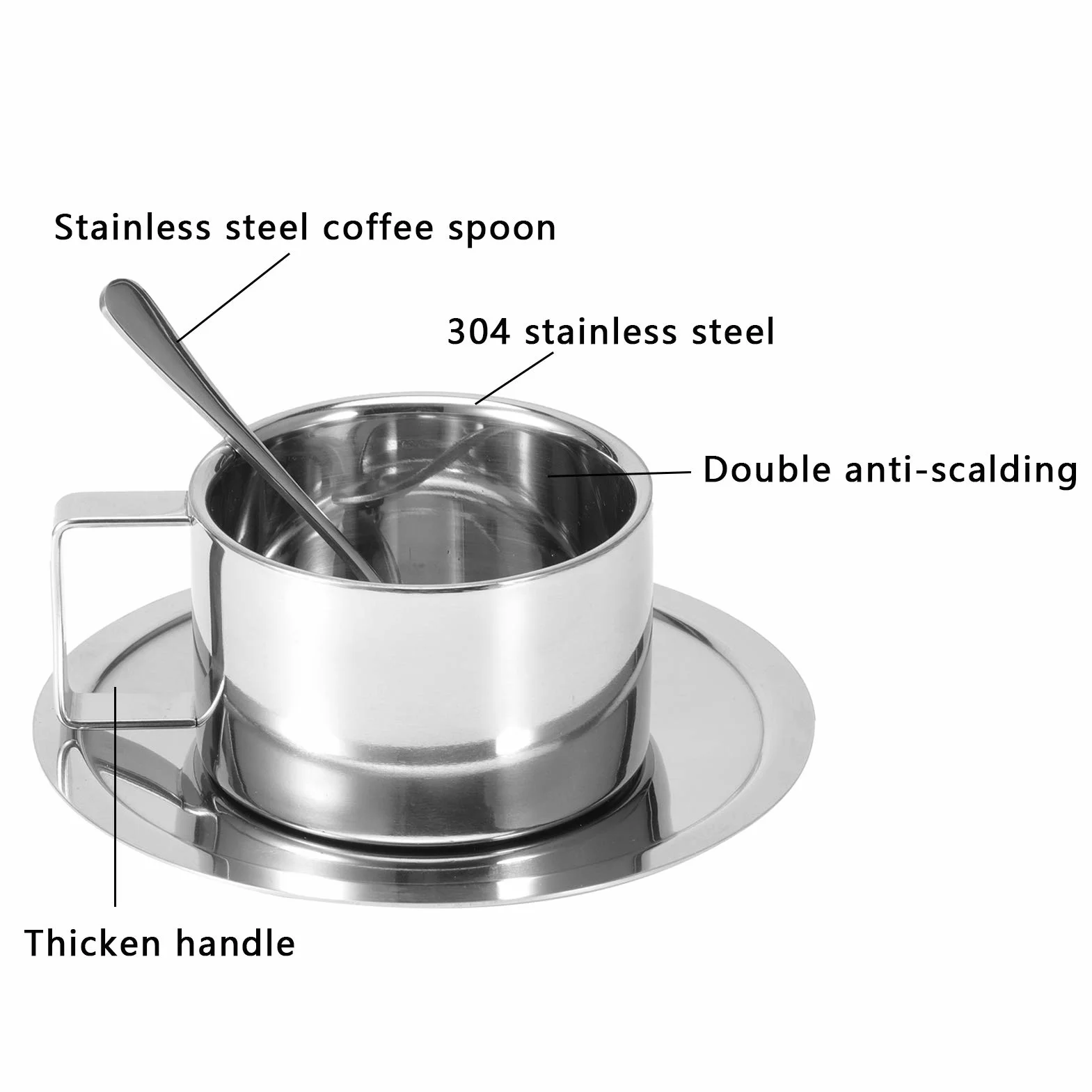 Fyearfly 3 szt./zestaw kubek do kawy ze stali nierdzewnej podwójna ścianka kubek do kawy łyżka spodek zestaw do kawy latte cappuccino espresso przybory kuchenne, srebrny, wykwintny kubek do kawy