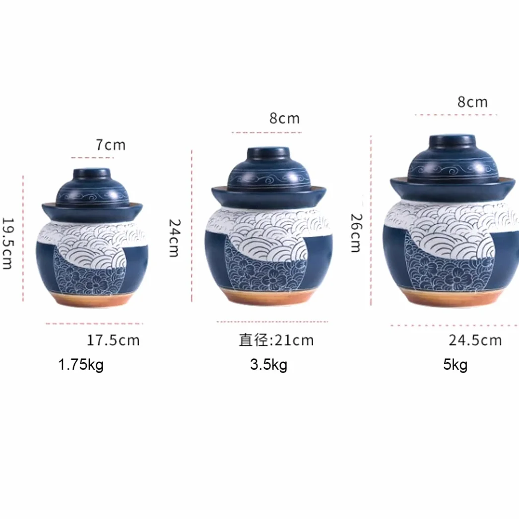 Duży ceramiczny słoik na marynaty z pokrywkami, niebieski tradycyjny porcelanowy słoik do marynowania, ceramiczny garnek fermentacyjny z uszczelką wodną pokrywką śluzy powietrznej, garnek z