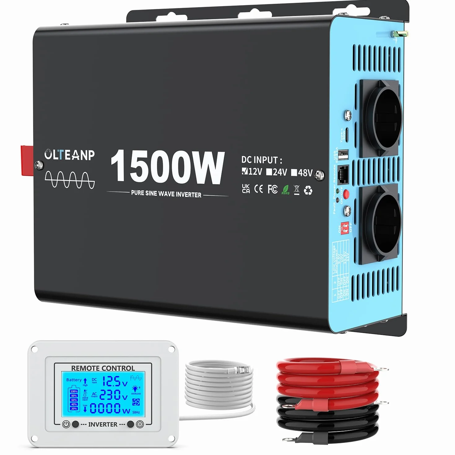 Przetwornica napięcia 1500 W, 12 V na 230 V, czysta sinusoidalna przetwornica napięcia z pilotem LCD – 2 x gniazda AC, USB i typ C – idealny do przyczep kempingowych, na kemping, łódź i w przypadku