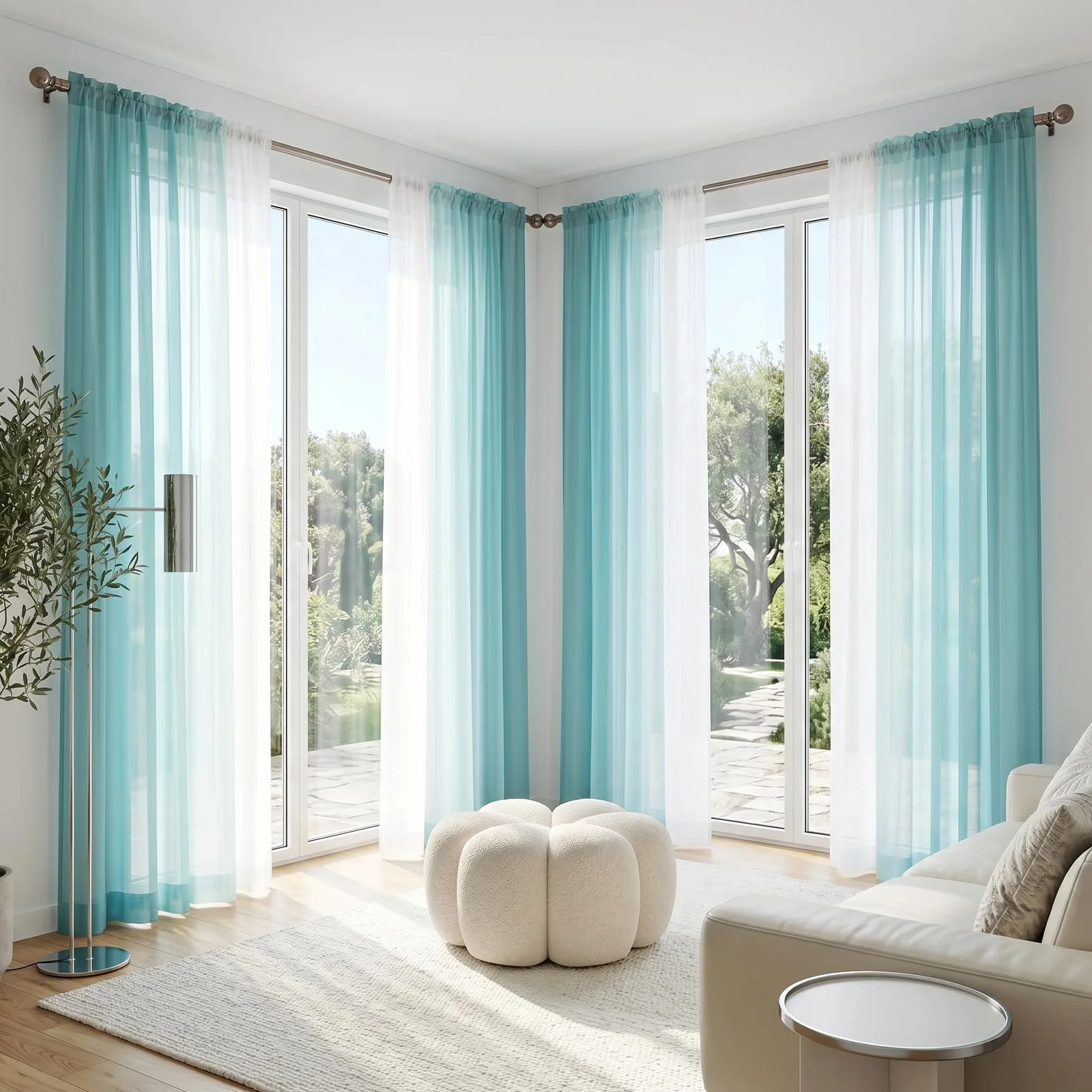 Melodieux Zasłony z lamówką, prześwitujące zasłony ombre do salonu, zestaw 2 sztuki, 260 x 140 cm, niebiesko-zielone