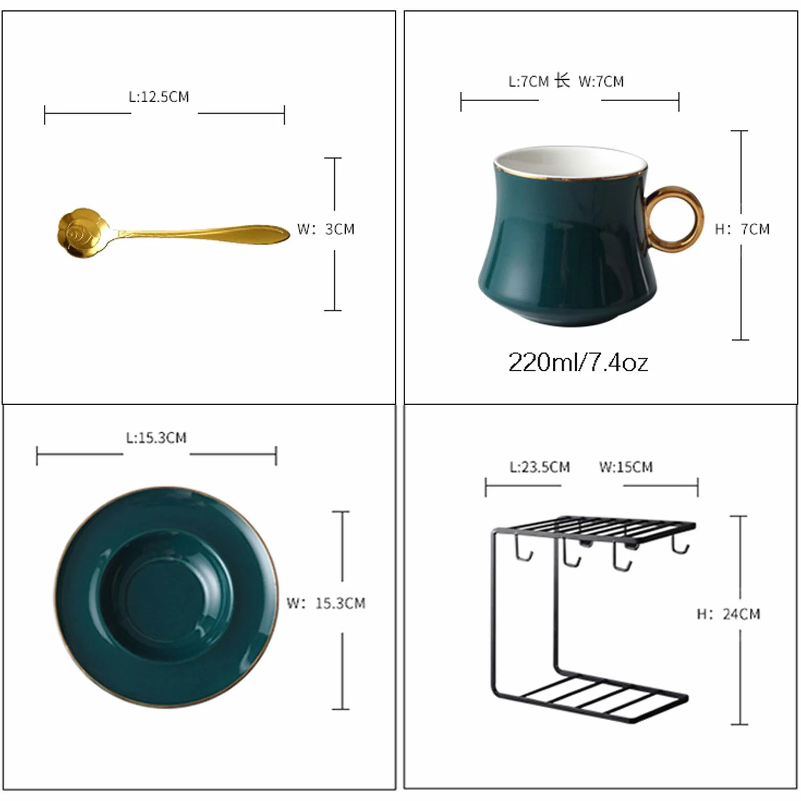 Zestaw filiżanek do espresso, porcelanowe kubki do kawy ze spodkiem, 209 ml, w zestawie stojak ekspozycyjny, zestaw 6 szt