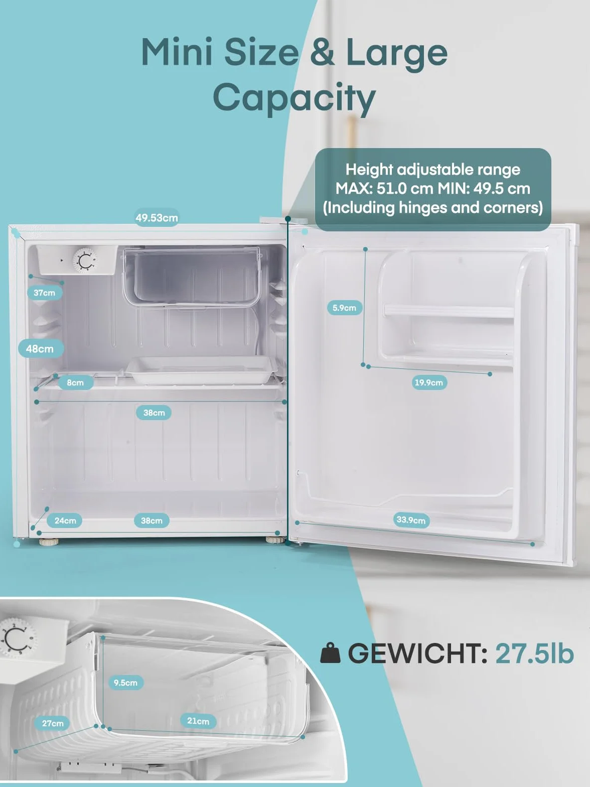 Mini lodówka FOHERE 46 l z komorą na lód | Chłodziarka do napojów | Kontrola temperatury, energooszczędna, cicha | Mała lodówka idealna do kuchni, biura, sypialni | Odwracalne zawiasy drzwi | Biała