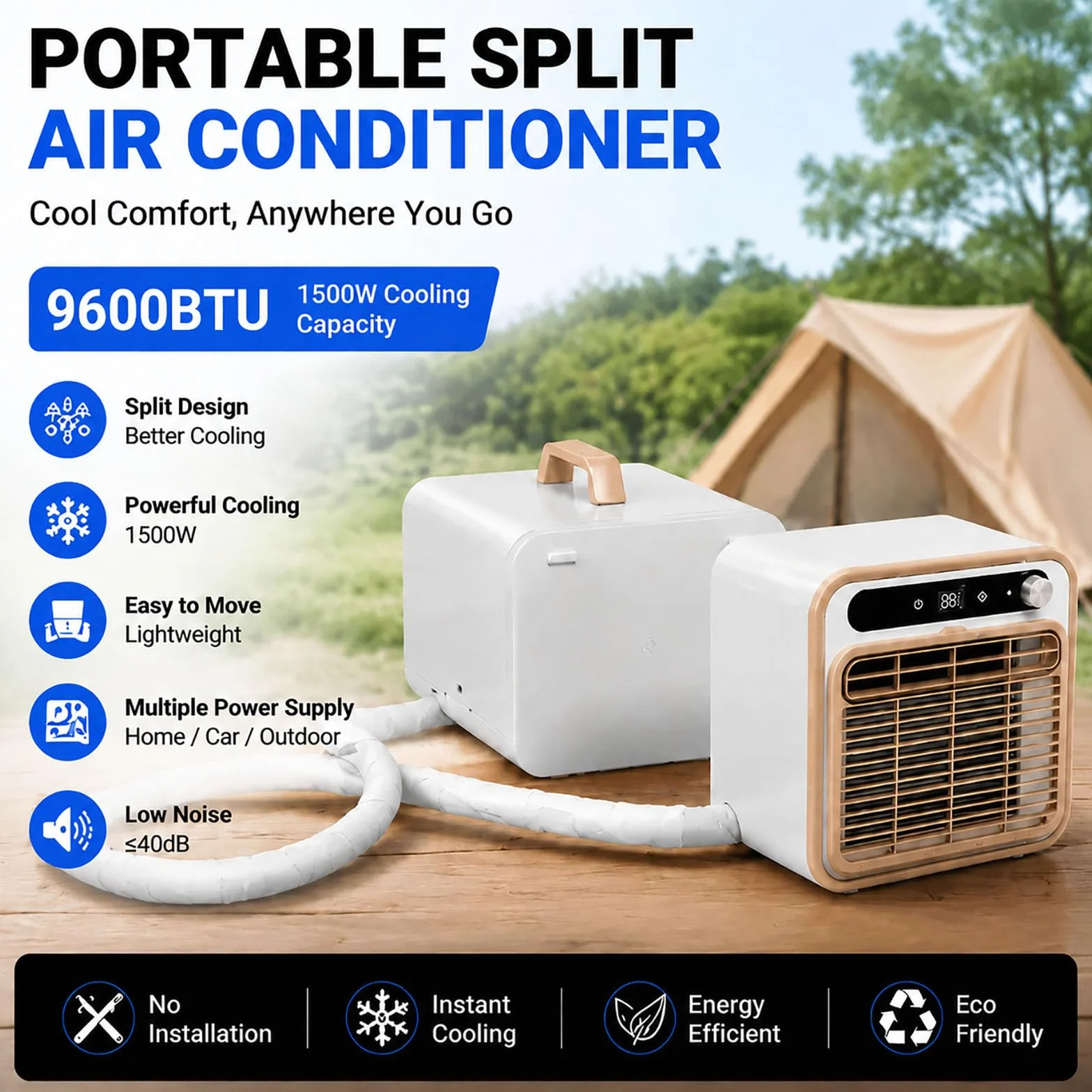 Przenośny klimatyzator 6800 BTU z jednostką zewnętrzną (konstrukcja typu split), moc chłodnicza 1500 W, łatwy w przenoszeniu – do namiotu, przyczepy kempingowej, kampera