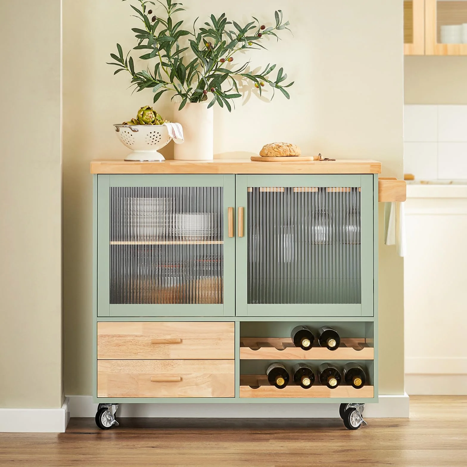SoBuy FKW114-GR Zielona Szafka Kuchenna Kredens Kuchni Wózek kuchenny na Kółkach Jadalni 109 x 40 x 92cm