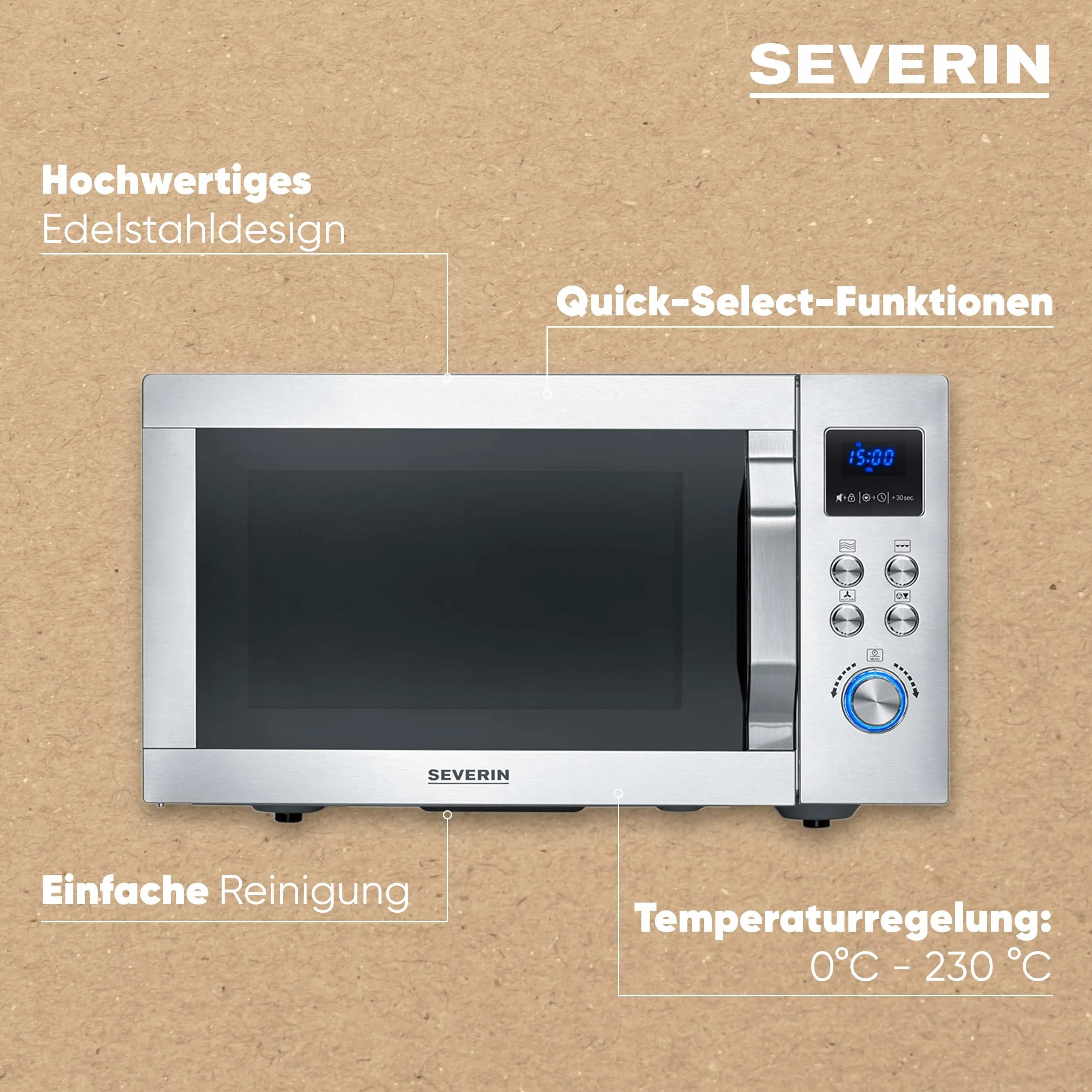 Kuchenka mikrofalowa SEVERIN 4 w 1 „Crispy Wave”, funkcja gorącego powietrza do 230°C, frytkownica na gorące powietrze, piekarnik i grill, maks. moc 2150 W, 25 l, srebrna/stal nierdzewna, MW 7982