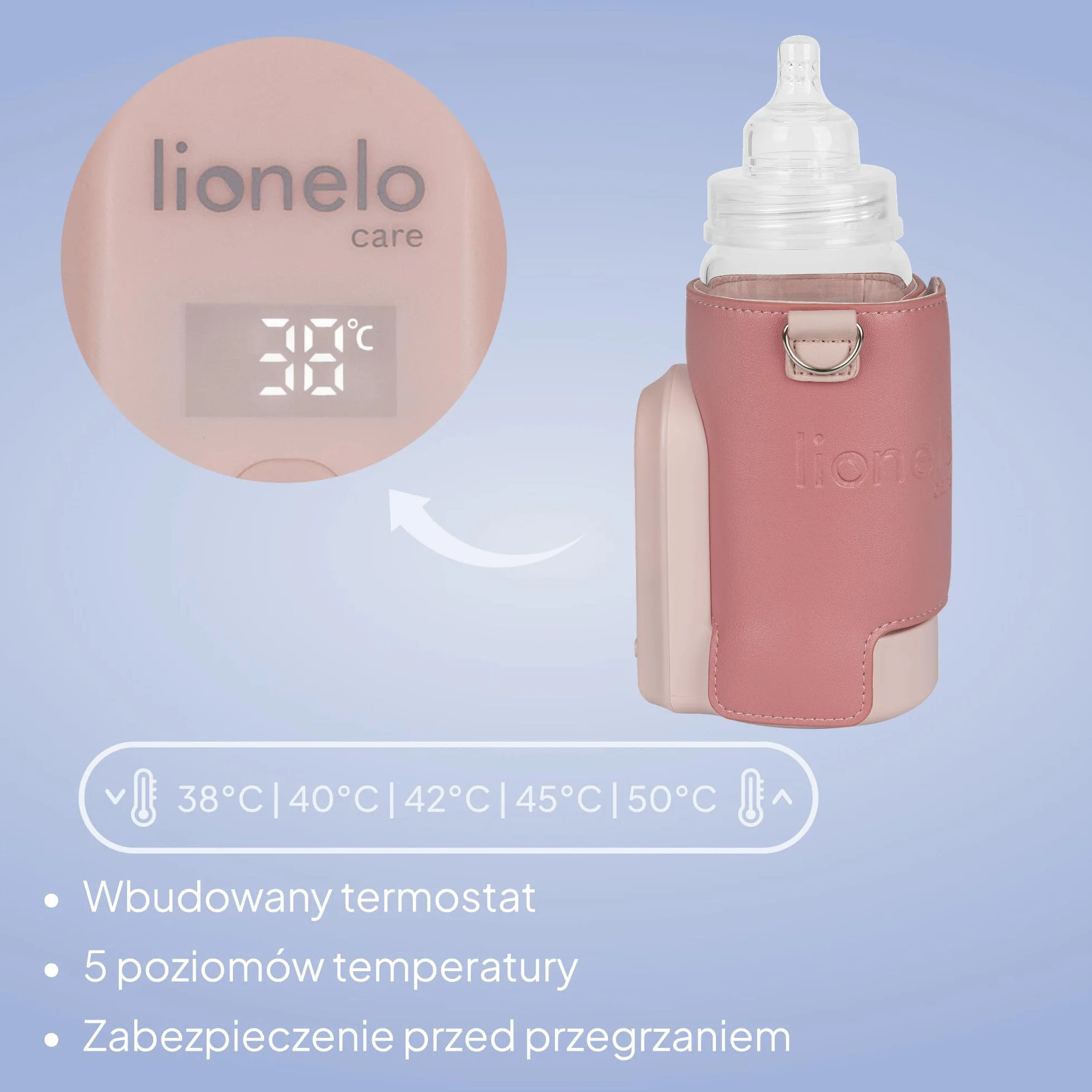LIONELO Thermup Go Evo Przenośny Podgrzewacz do Butelek dla Niemowląt, Utrzymuje Ciepło Płynów, 5 Temperatur Pracy od 38 do 50o C Ładowanie USB-C, do 9h Pracy Wyświetlacz LCD (Różowy)