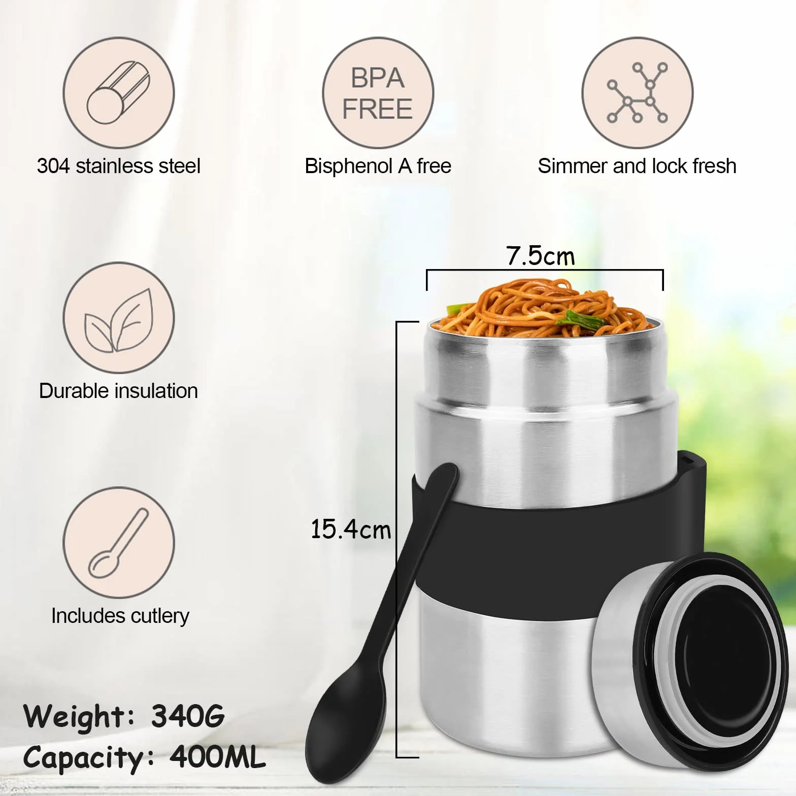 Ghope Minimalistyczny czarny 400 ml prostokątny pojemnik na lunch ze stali nierdzewnej, pojemnik na podgrzewanie, pojemnik na żywność z łyżką, pudełko do podgrzewania płatków śniadaniowych, owsianki