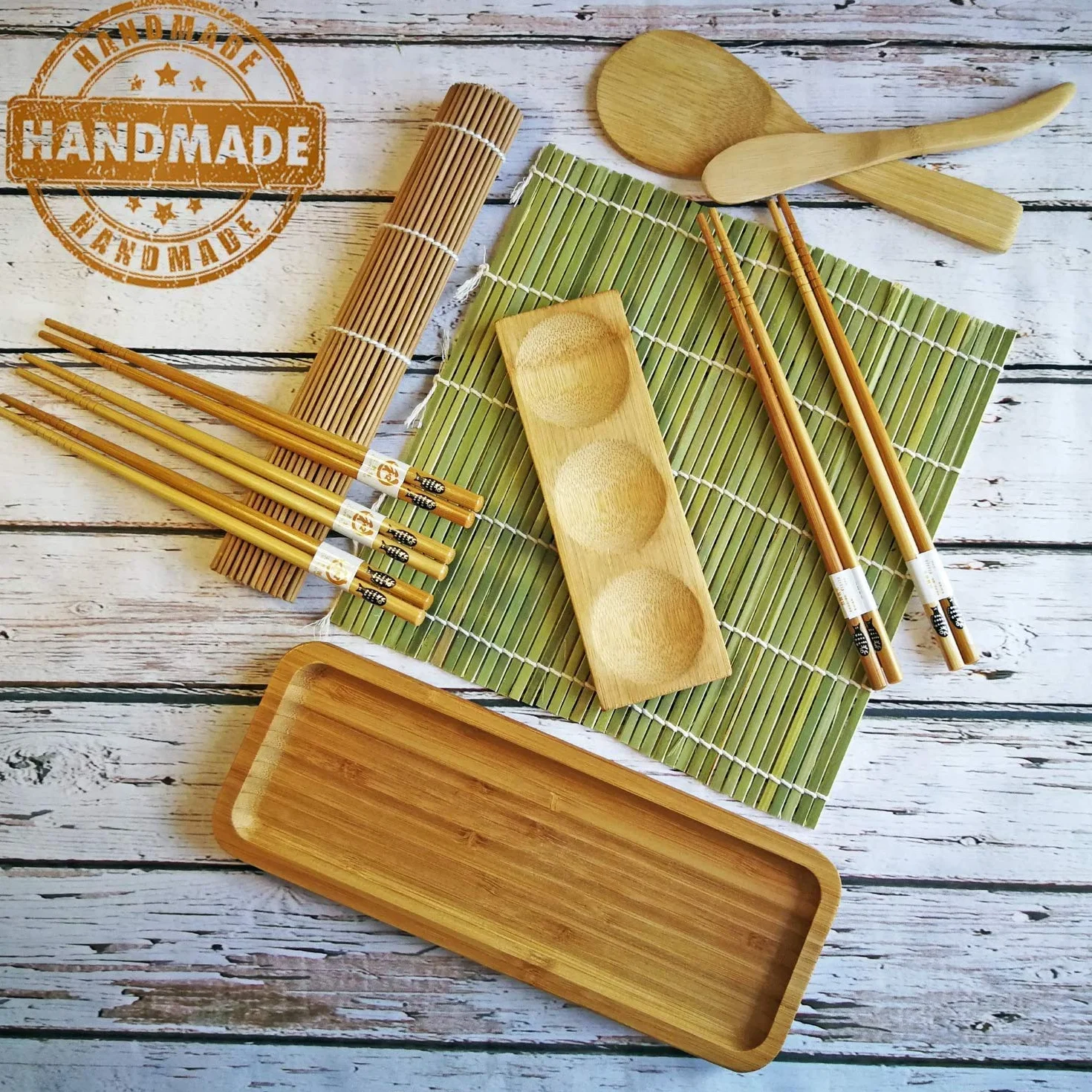 Zestaw do robienia sushi, 11 szt. – bambusowa mata do krojenia sushi i zestaw do serwowania – zrób własne sushi w domu, 2 maty, 5 par pałeczek z torbą, łopatką, rozrzutnikiem, półmisek, półmisek do