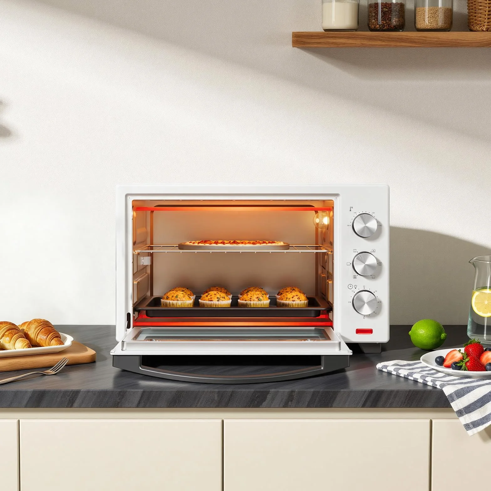 WOLTU mini piekarnik 32 litry, toster 1600 Watt | Piec do pizzy | Wyjmowana tacka na okruchy z minipiekarnikiem z timerem do pizzy, tostów, indyka, hot-dogów, biała