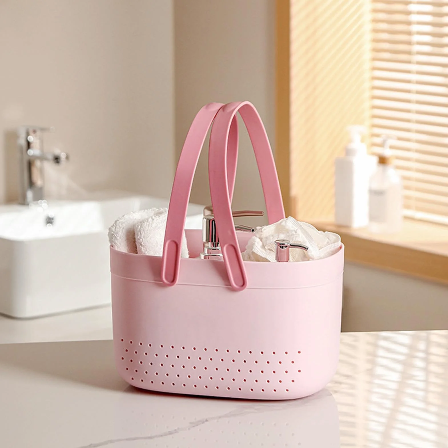 Shower Organizer Basket, Bath Storage Bin, Toiletry Basket with Handles, Drainage Shower Organizer, 25x17x14.5cm Storage Basket for Bathrooom PP+ Shower Bin, Lightweight, Pink White
