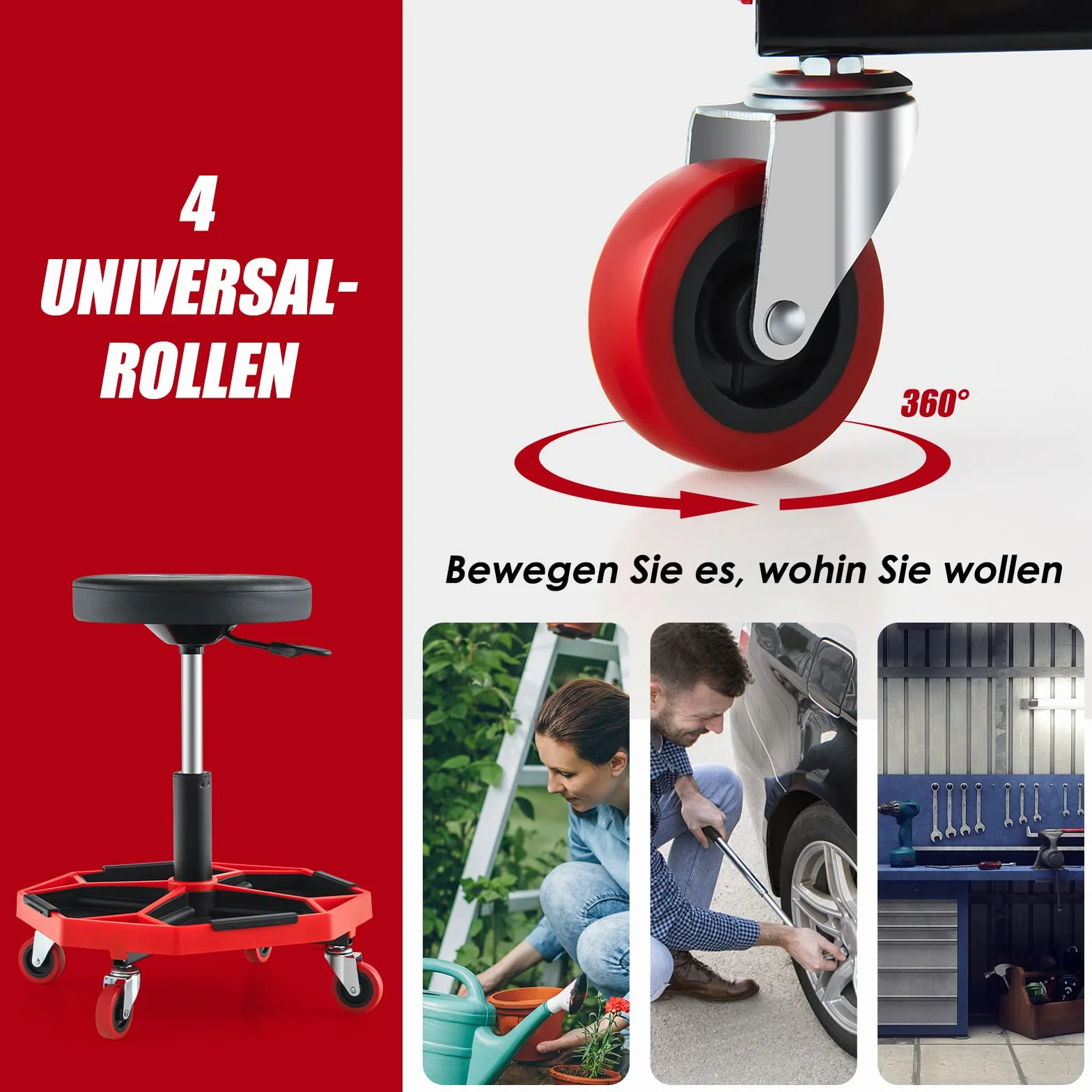COSTWAY Siedzisko Warsztatowe na Kółkach, Obciążenie 150 kg, Regulacja Wysokości 41-55 cm, Taboret z Półką i 4 Uniwersalnymi Kółkami, Pneumatyczny Taboret Roboczy na Narzędzia