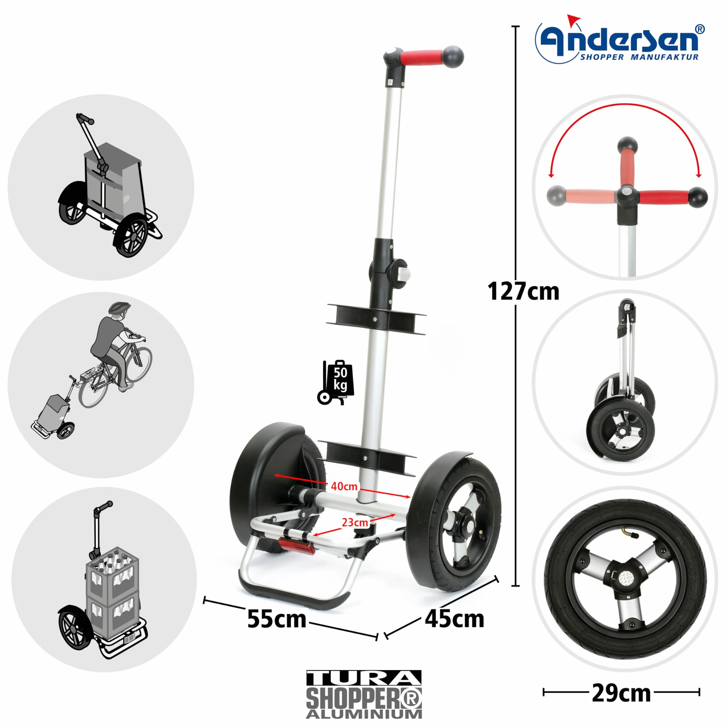 ANDERSEN Wózek na zakupy – Tura Shopper Hydro 3.0 Oliv 62 l Bike, wózek na zakupy, plecak, termiczny, aluminium, ergonomiczny uchwyt, składany, koło z łożyskiem kulkowym