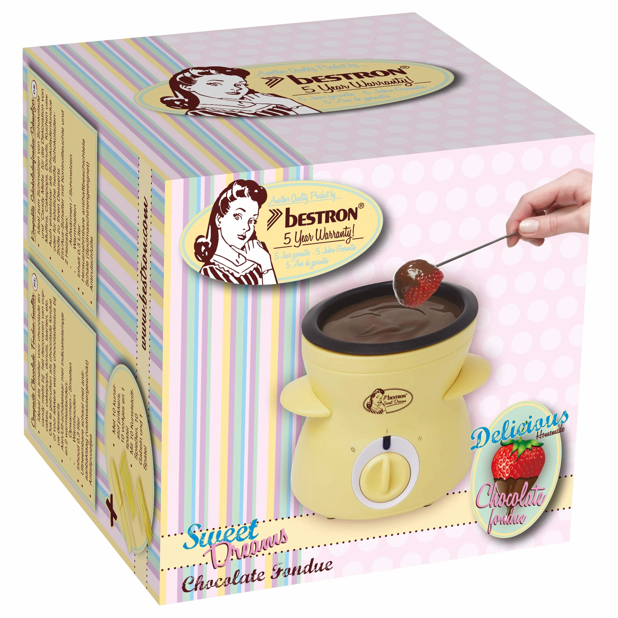 Bestron Czekoladowe fondue dla 2 osób, mini zestaw do fondue czekoladowego, w zestawie 10 szpikulców, 10 widelców i 1 szpatułka, 25 W, żółty