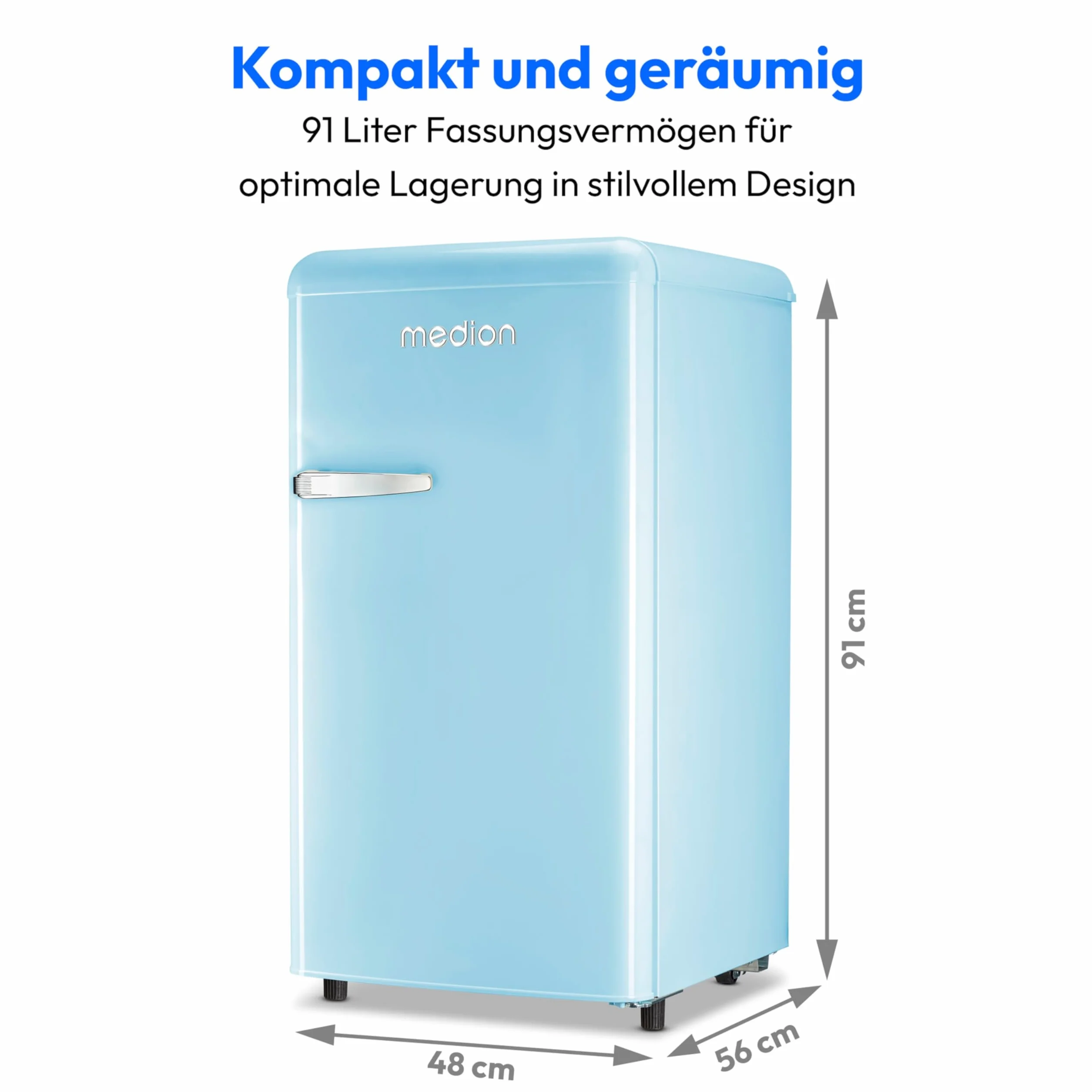 MEDION Lodówka retro (91 l, wysokość 91 cm (z nóżkami z regulacją wysokości), szklane półki z regulacją wysokości, przezroczysta szuflada na warzywa, wolnostojąca, zawiasy drzwi po prawej stronie,