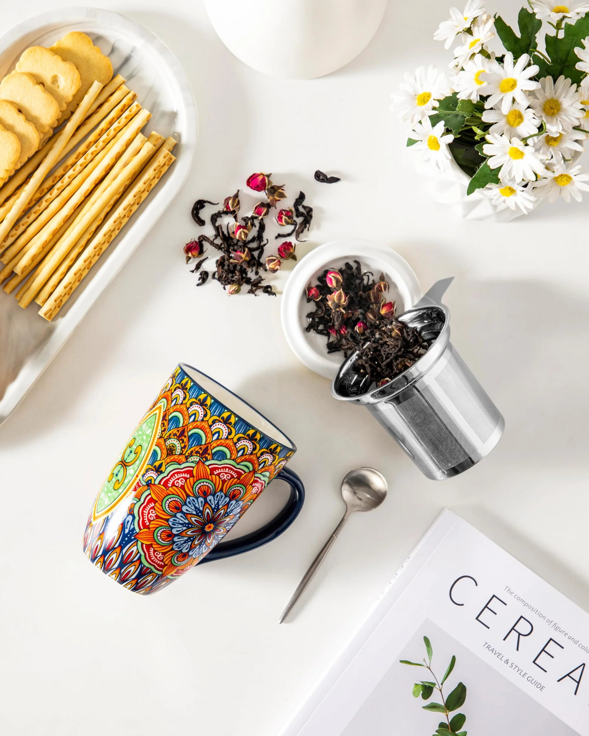 vancasso Filiżanka do herbaty z pokrywką i sitkiem, 540 ml, ceramiczna filiżanka do herbaty, duża, piękna filiżanka z sitkiem, na herbatę sypką, nadaje się do mycia w zmywarce i używania w kuchence